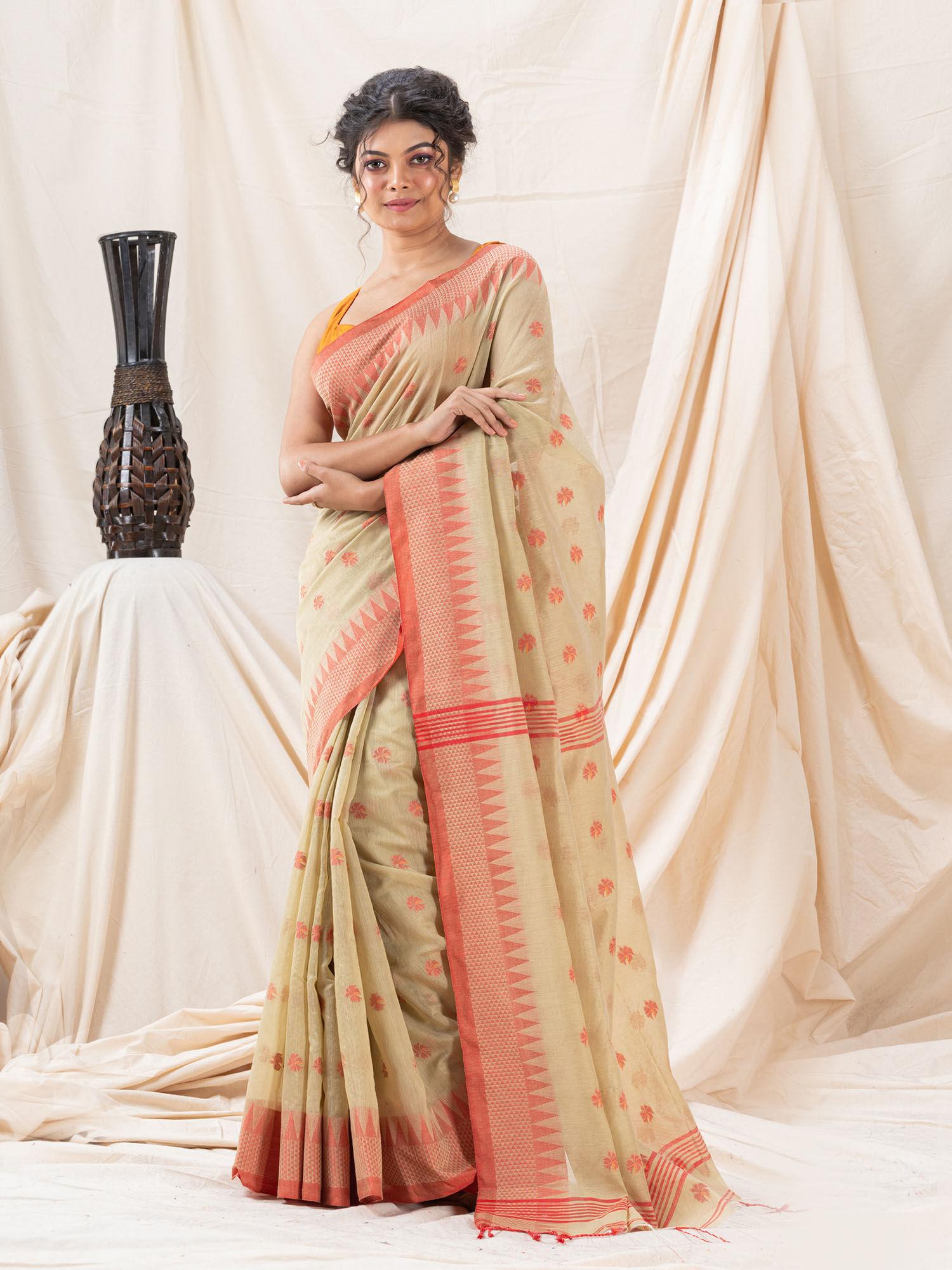 traditional beige peach puff cotton blend handloom saree with unstitched blouse