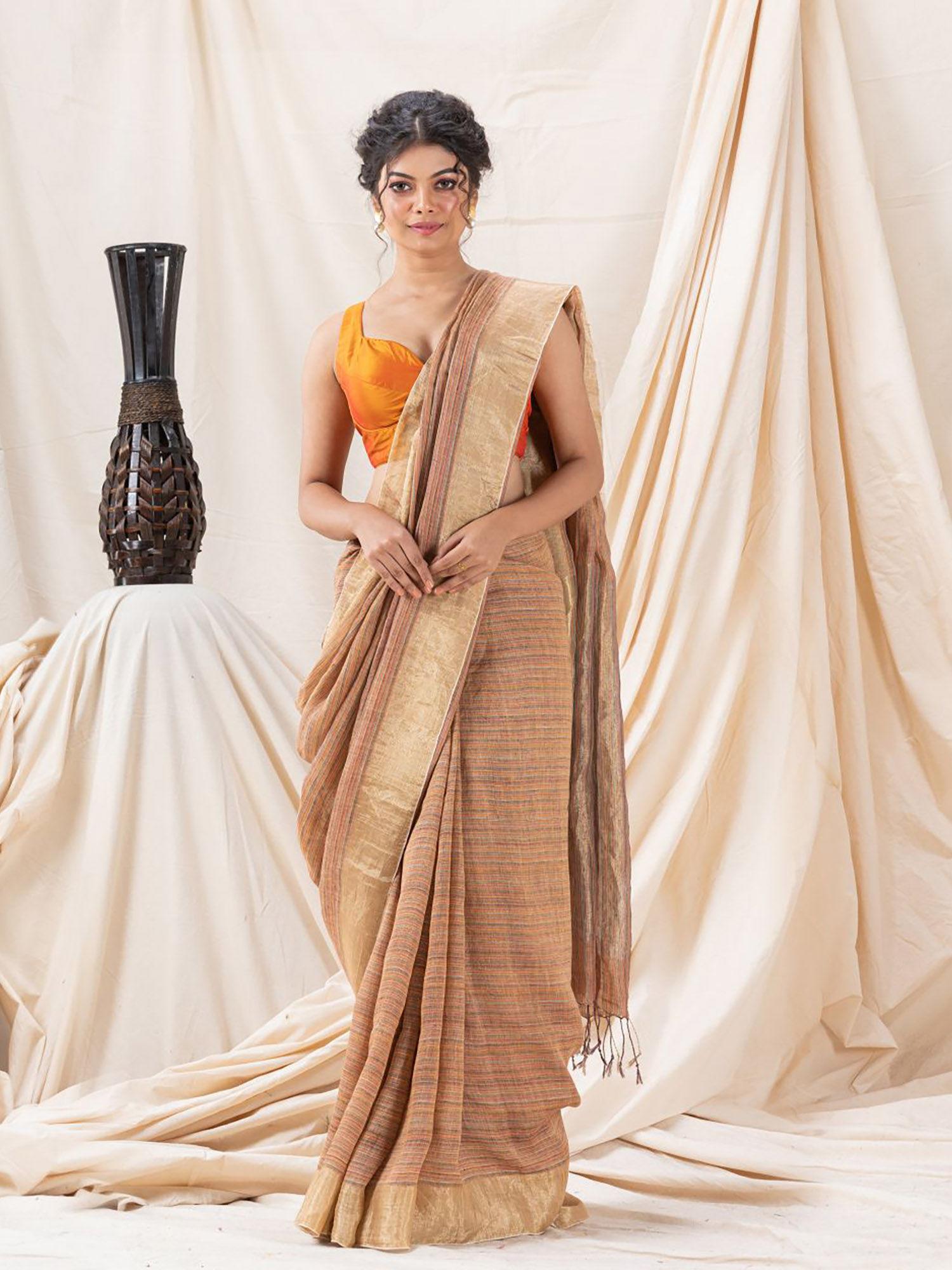 traditional brown handloom soft linen saree with unstitched blouse