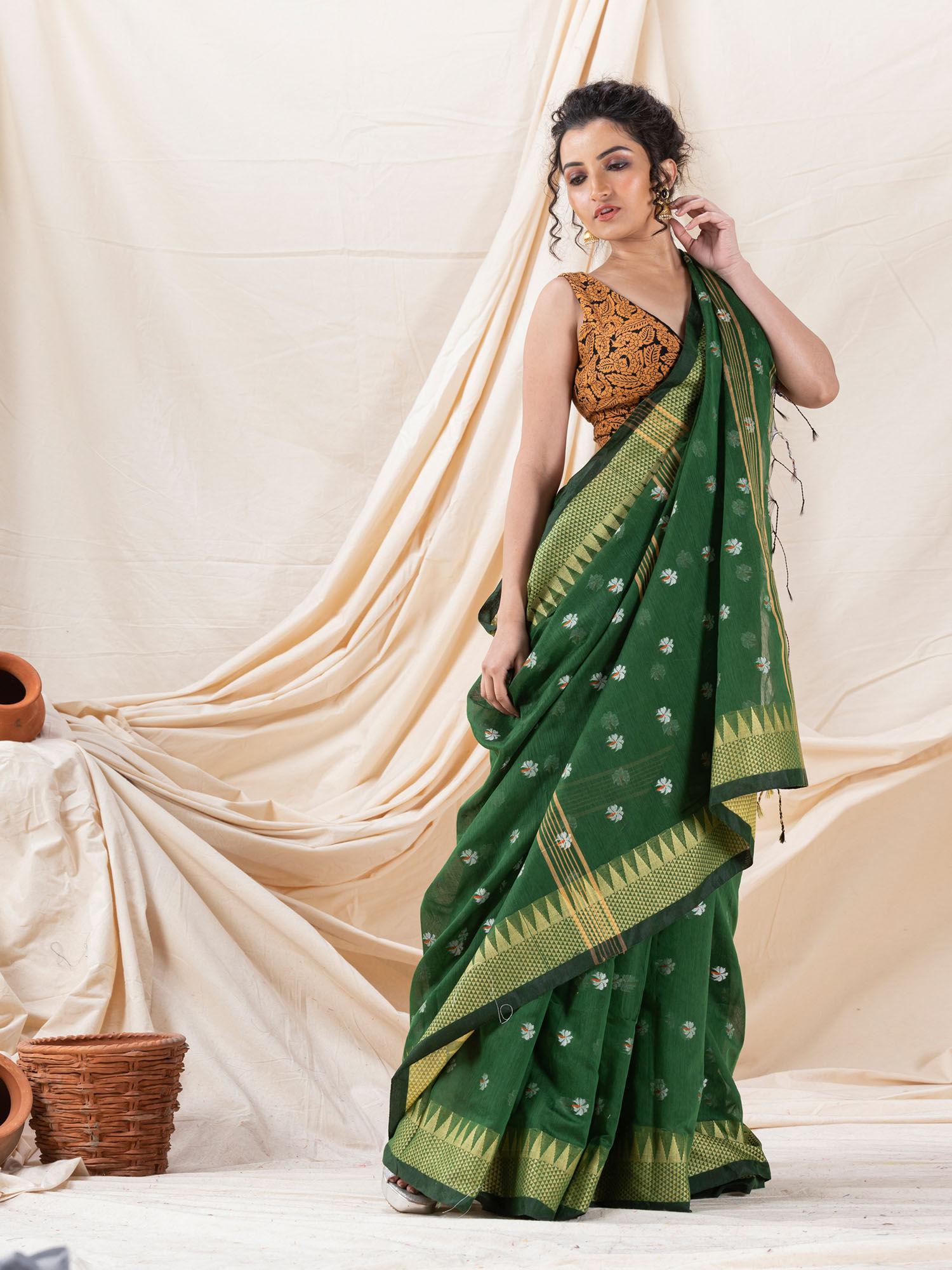 traditional cotton blend dark green handloom saree with unstitched blouse