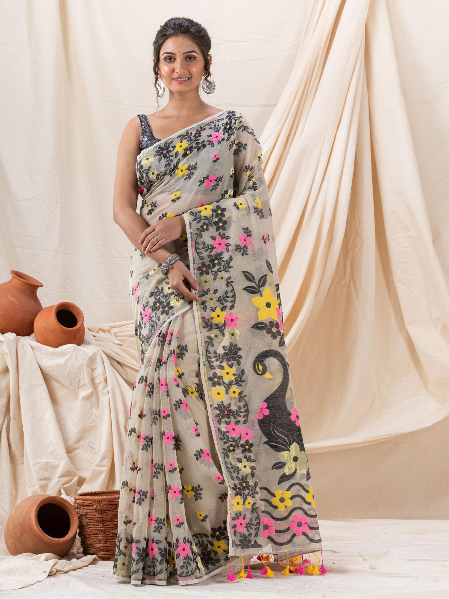 traditional cotton blend off white flower soft dhakai jamdani saree without blouse