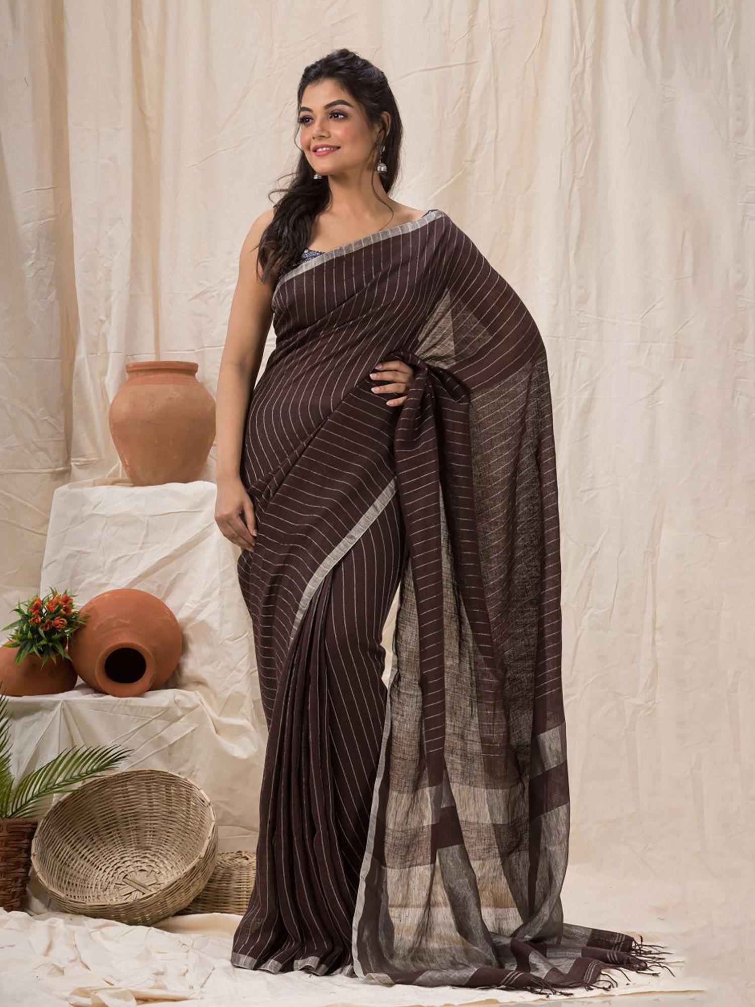 traditional dark brown linen jamdani saree with unstitched blouse