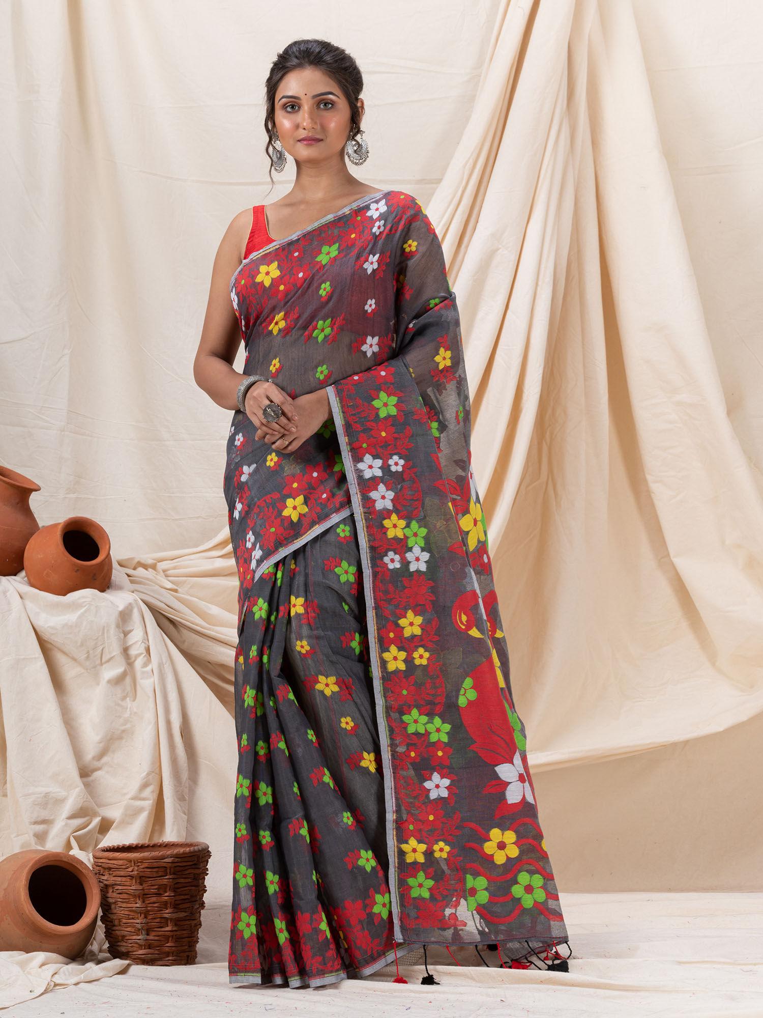 traditional dark grey flower soft dhakai jamdani saree without blouse