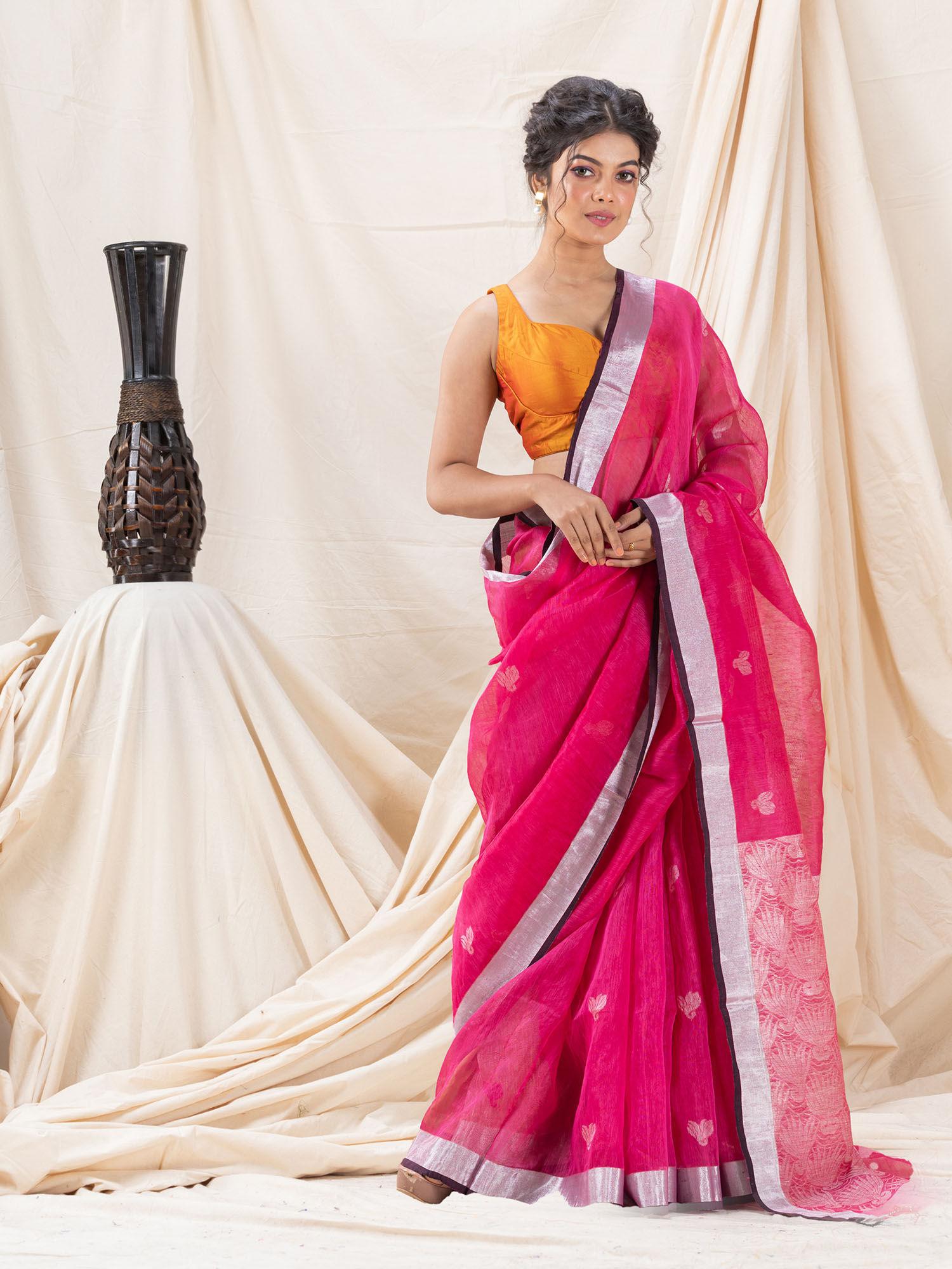 traditional deep pink handloom silk linen saree with unstitched blouse