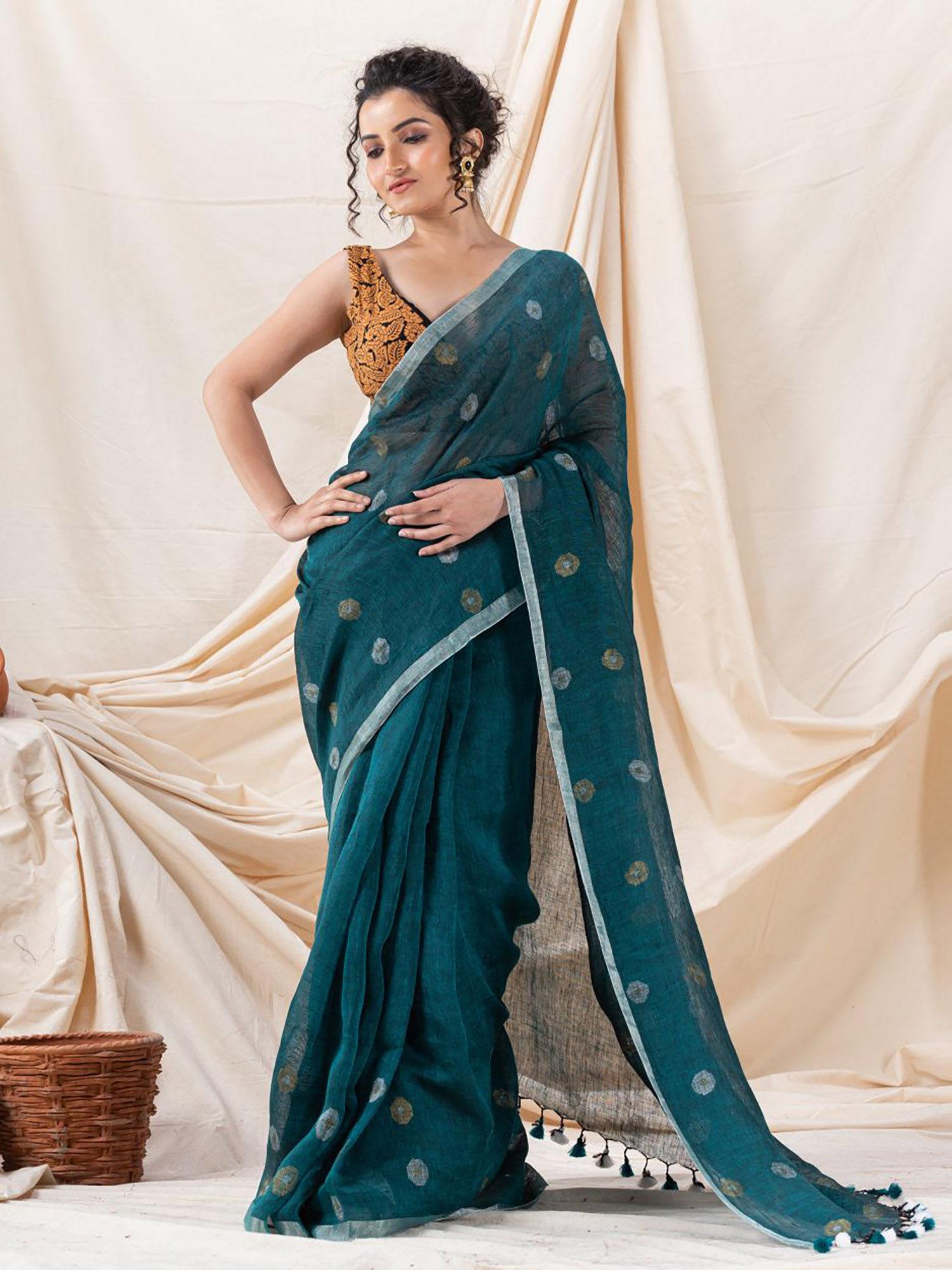 traditional deep teal linen jamdani saree with unstitched blouse