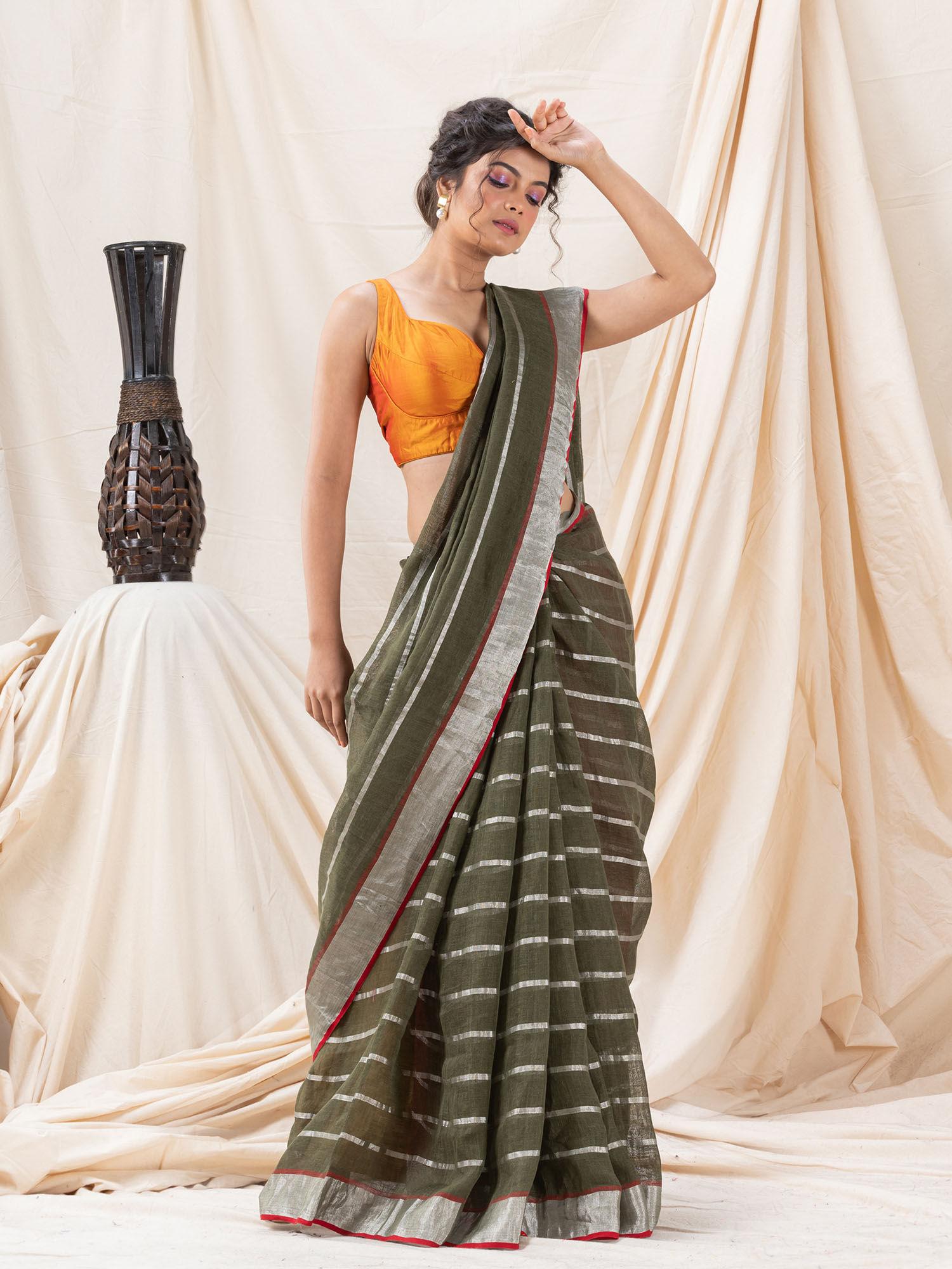 traditional dried moss handloom soft linen saree with unstitched blouse