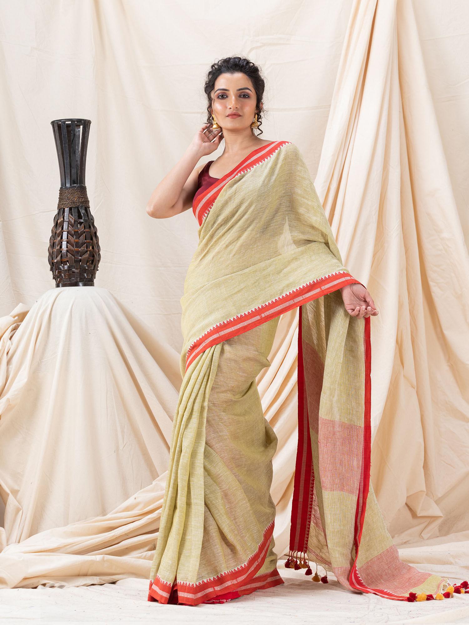 traditional ecru linen tangail saree with unstitched blouse