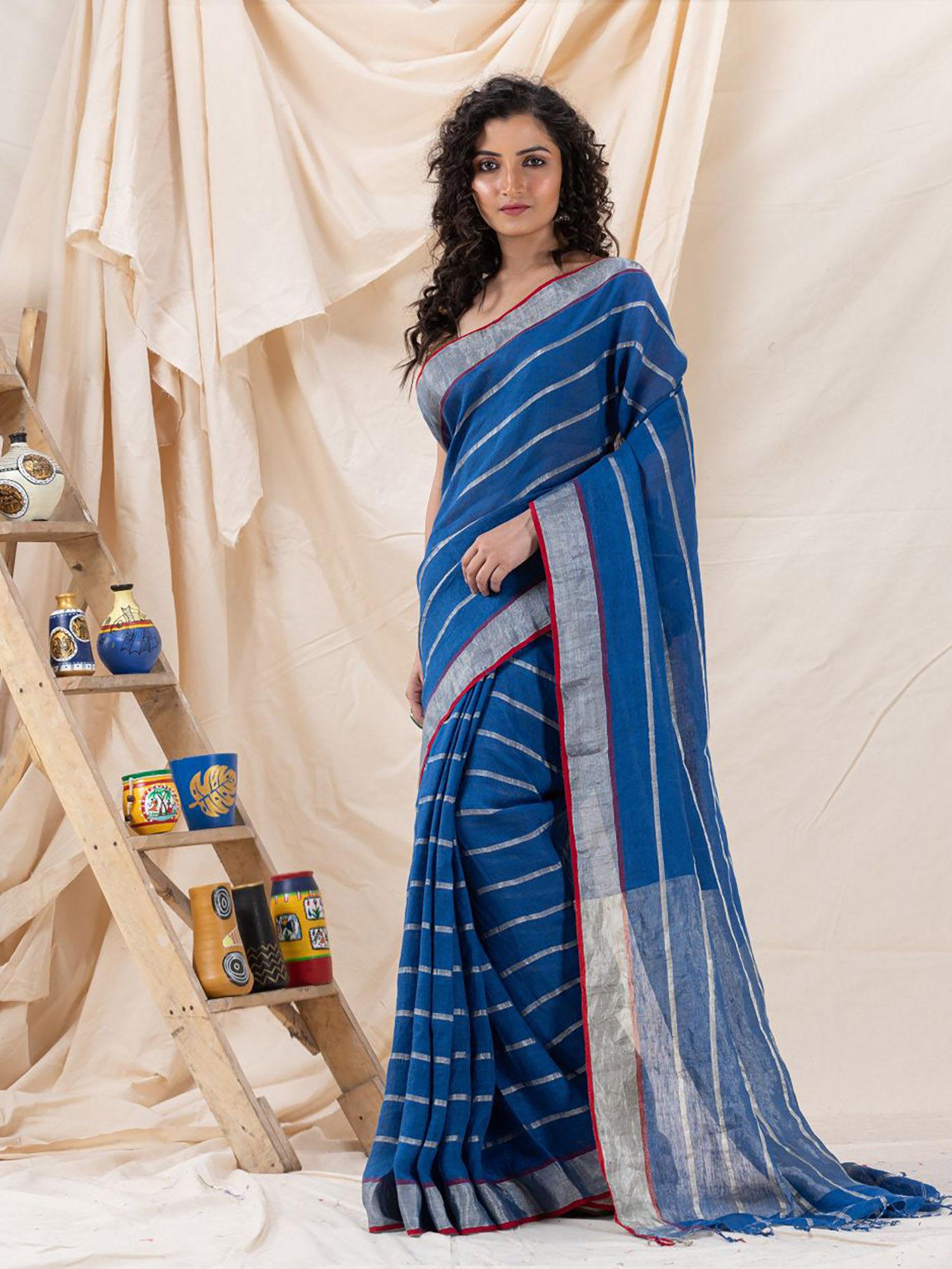 traditional french blue handloom linen saree with unstitched blouse