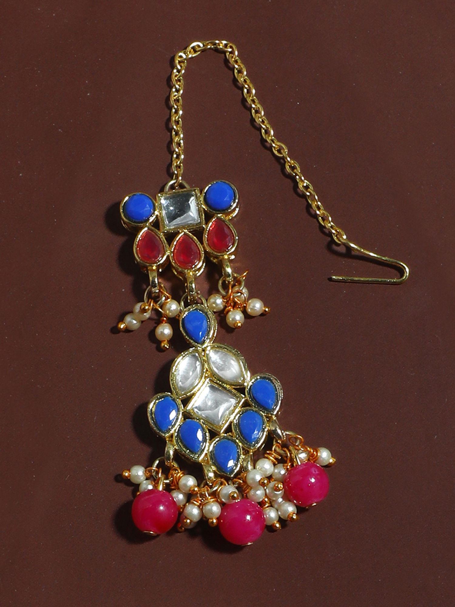 traditional gold plated pink and blue kundan maang tikka