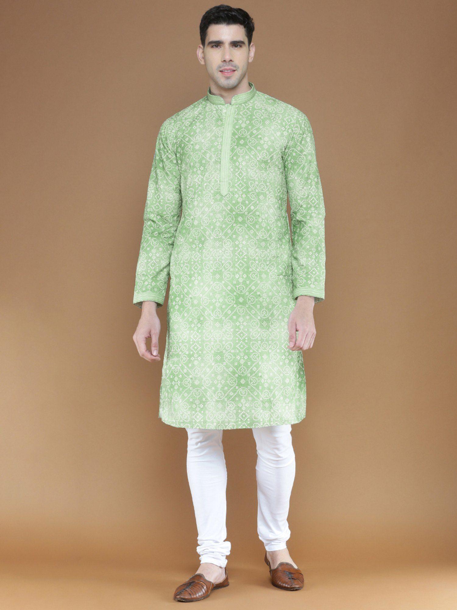 traditional green bandhej print cotton kurta with churidar pyjama for men (set of 2)