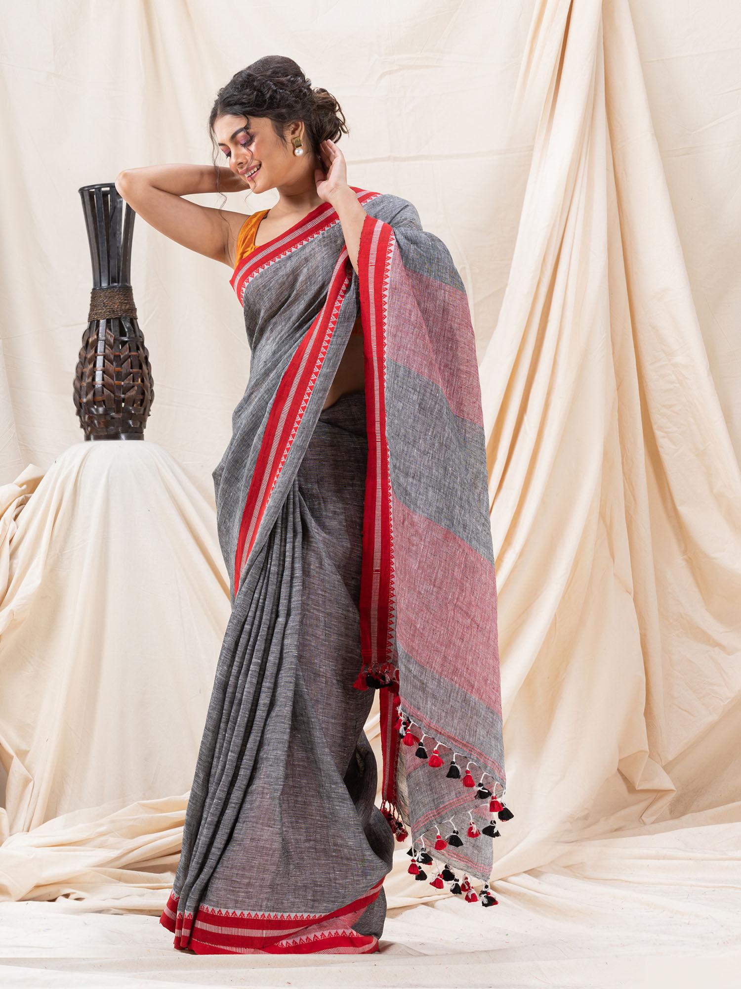 traditional grey handloom soft linen saree with unstitched blouse