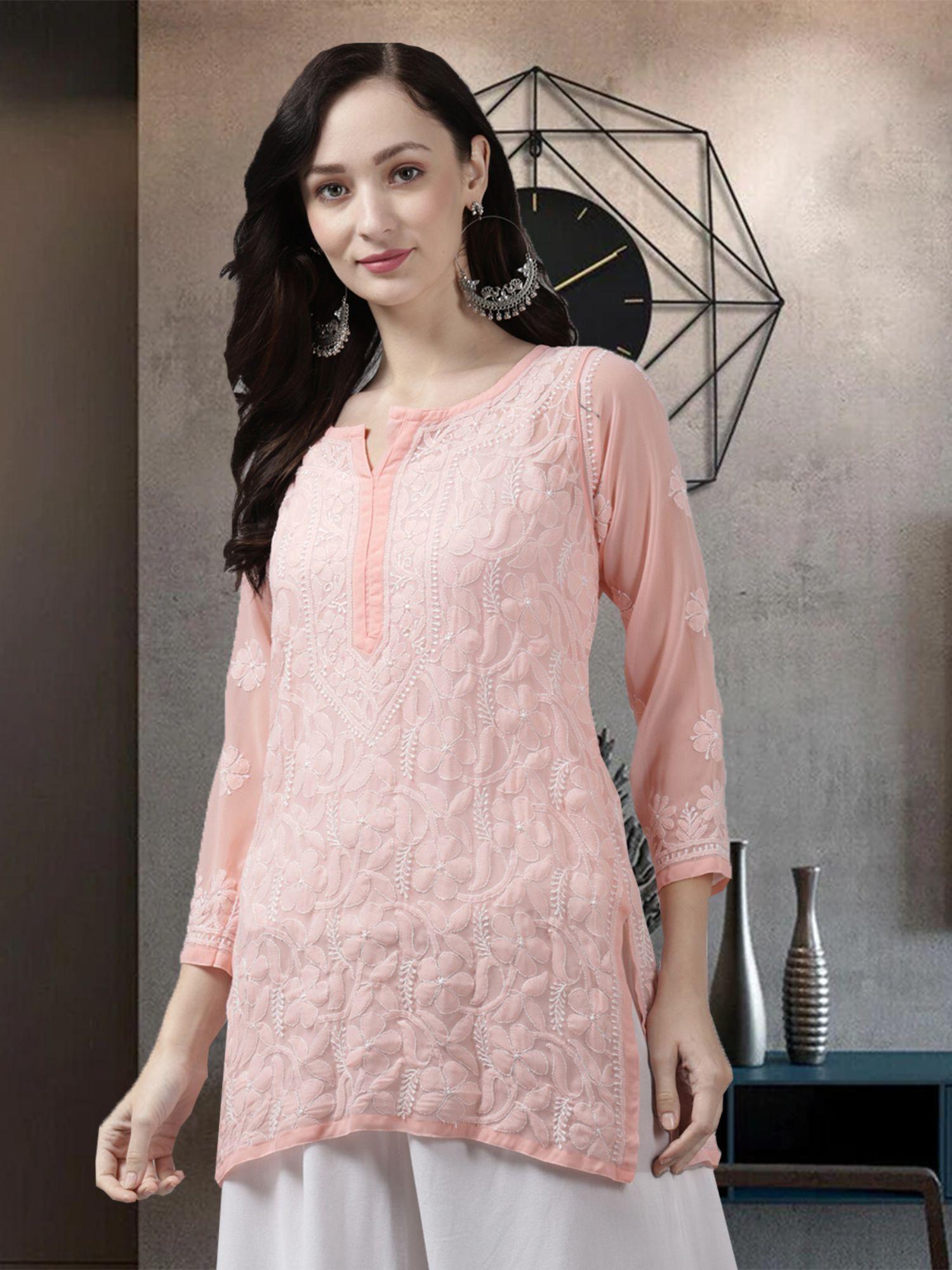 traditional hand embroidered peach georgette lucknow chikankari kurti a911153