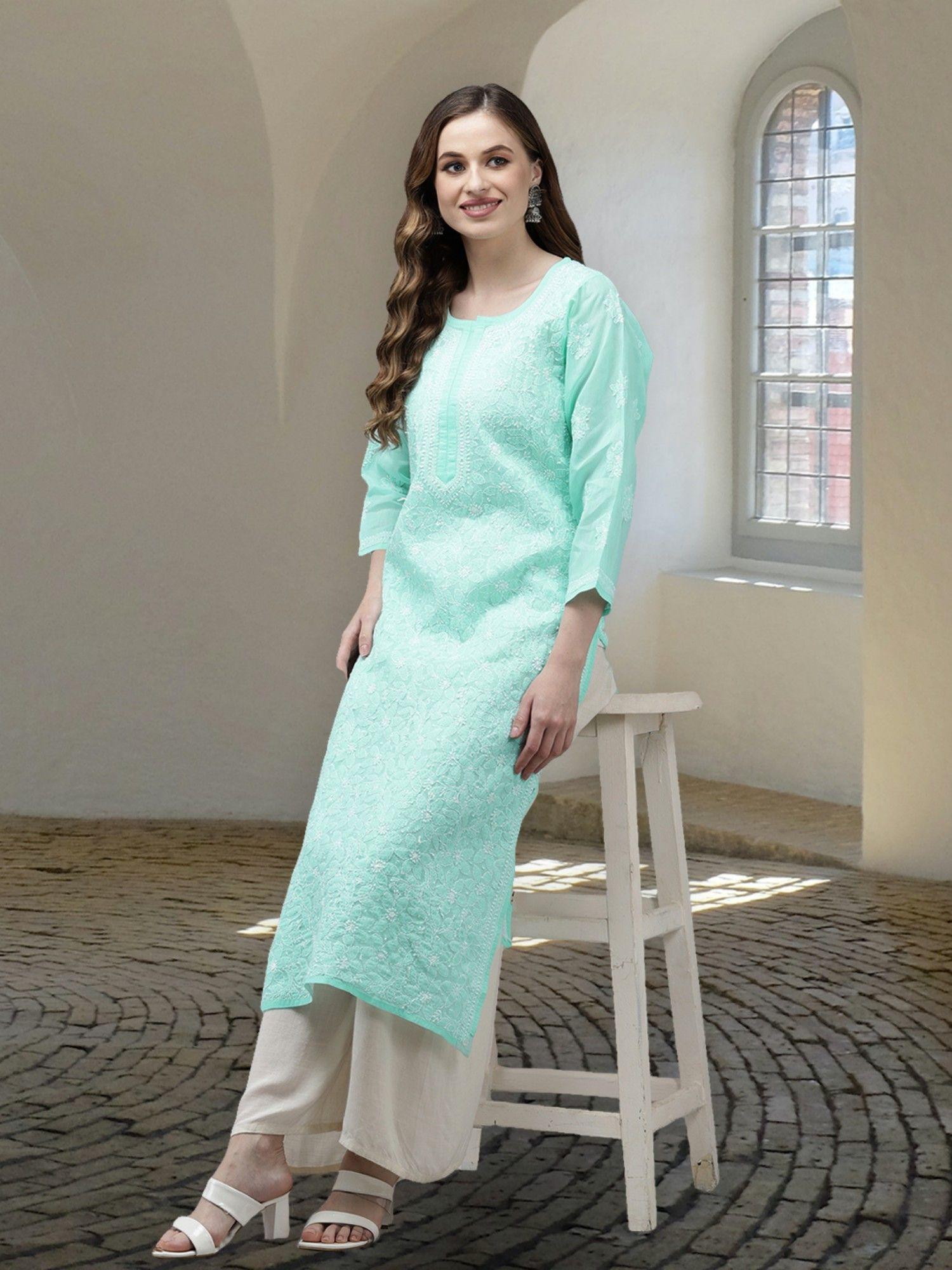 traditional hand embroidered sea green cotton lucknow chikankari kurta a411344