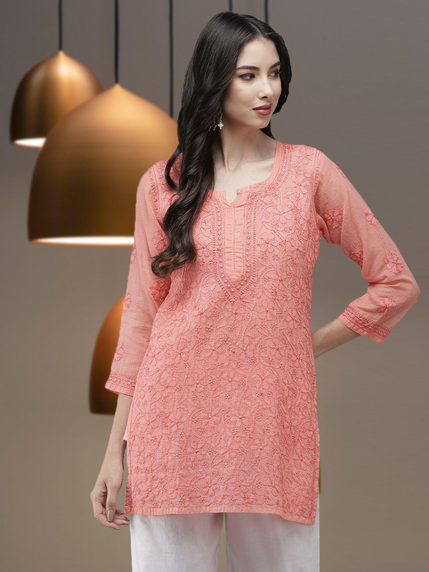 traditional hand embroidery peach kota lucknow chikankari kurti with slip (set of 2) a911177