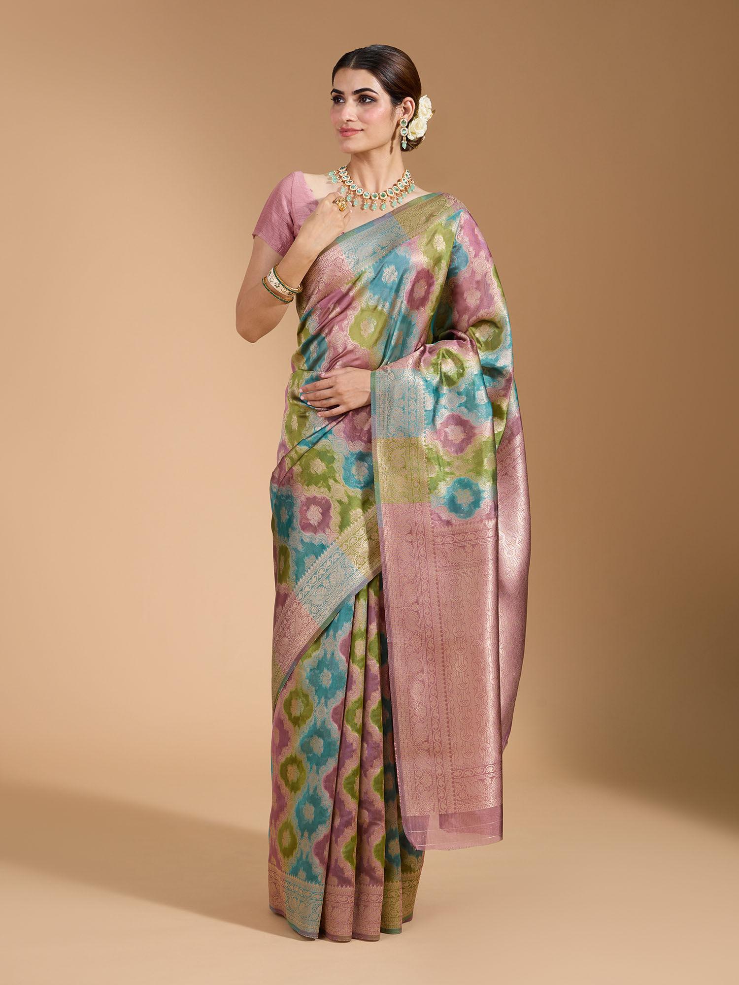 traditional heavy banarasi brocade with zari border multi-color saree and unstitched blouse