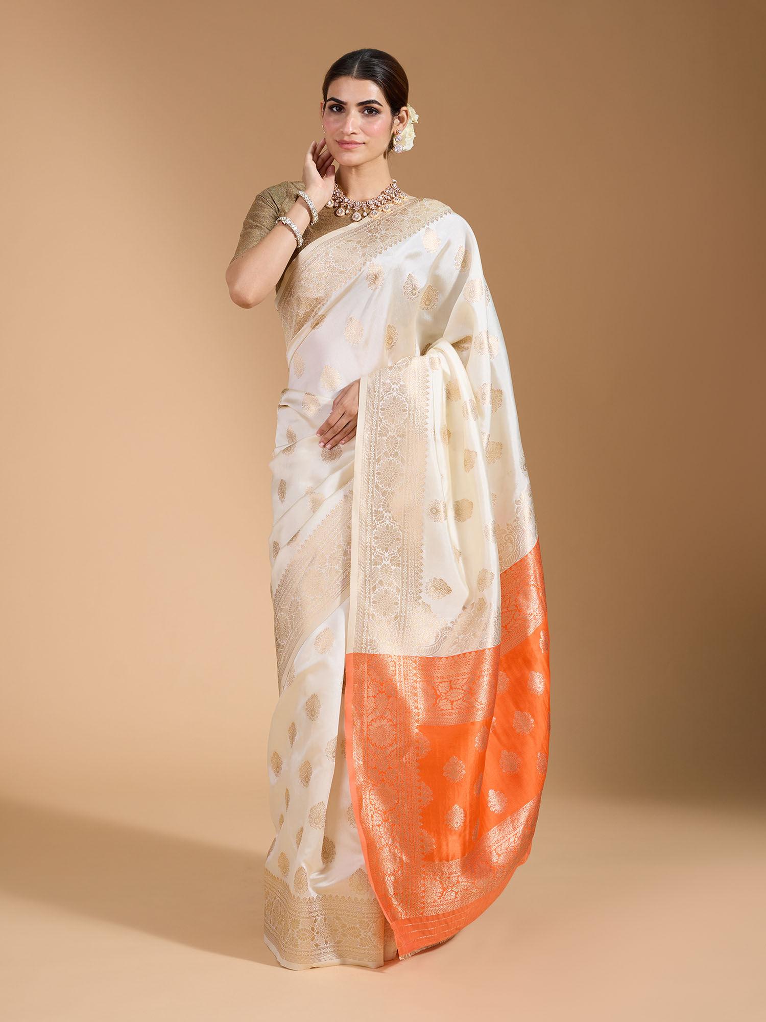 traditional heavy banarasi brocade with zari border orange pallu saree with unstitched blouse