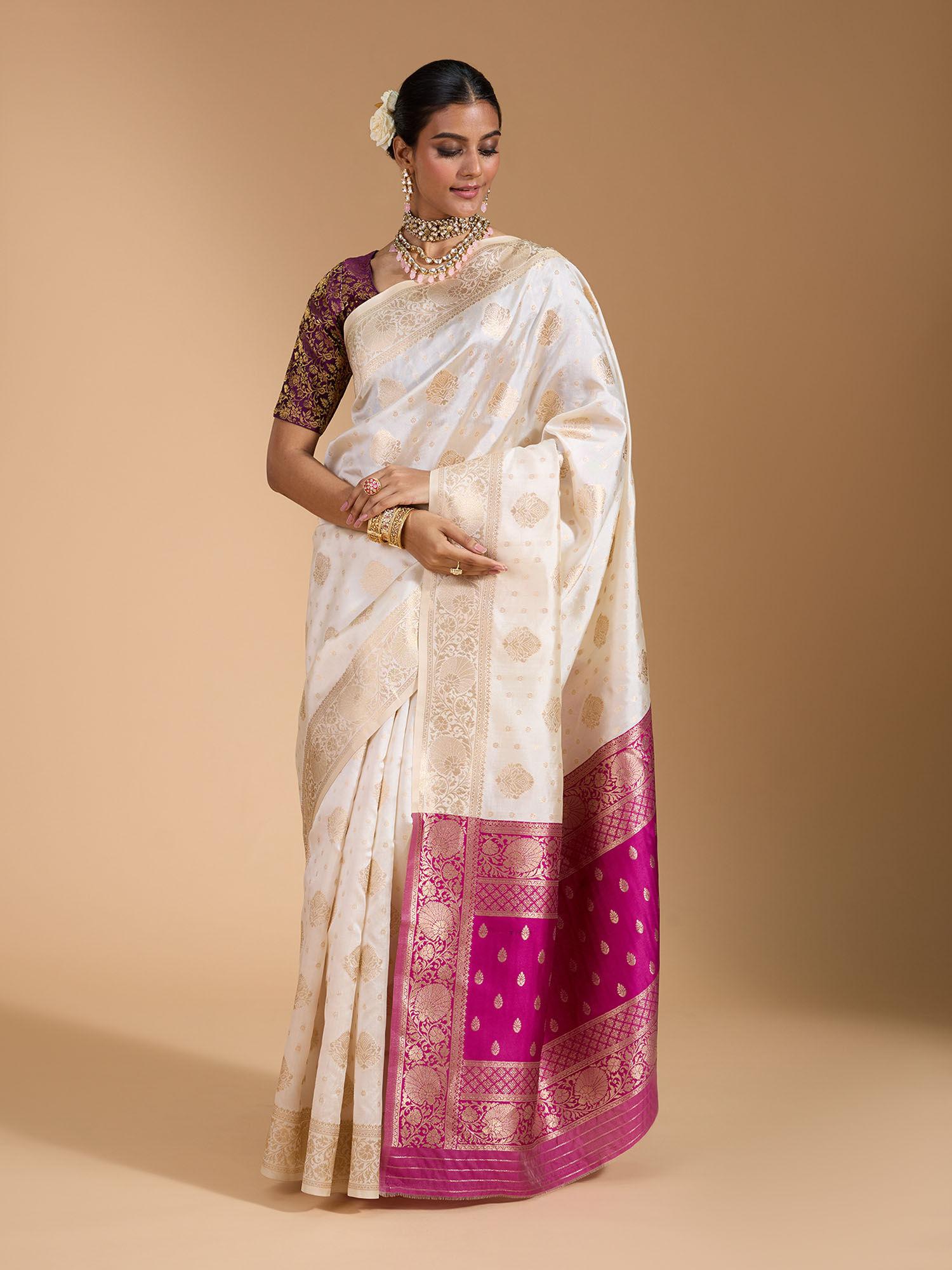 traditional heavy banarasi brocade with zari border pink pallu saree with unstitched blouse