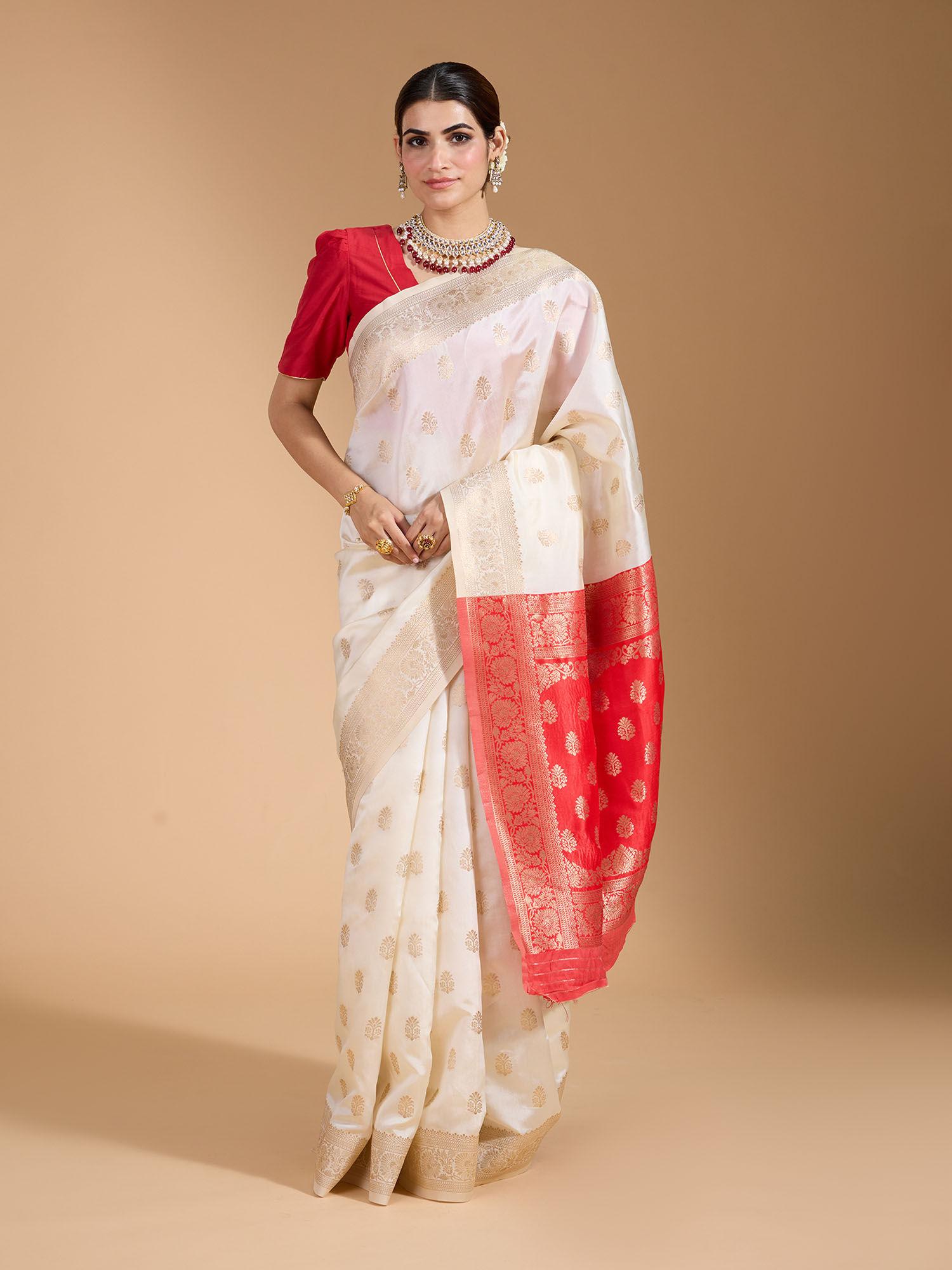 traditional heavy banarasi brocade with zari border red pallu saree with unstitched blouse