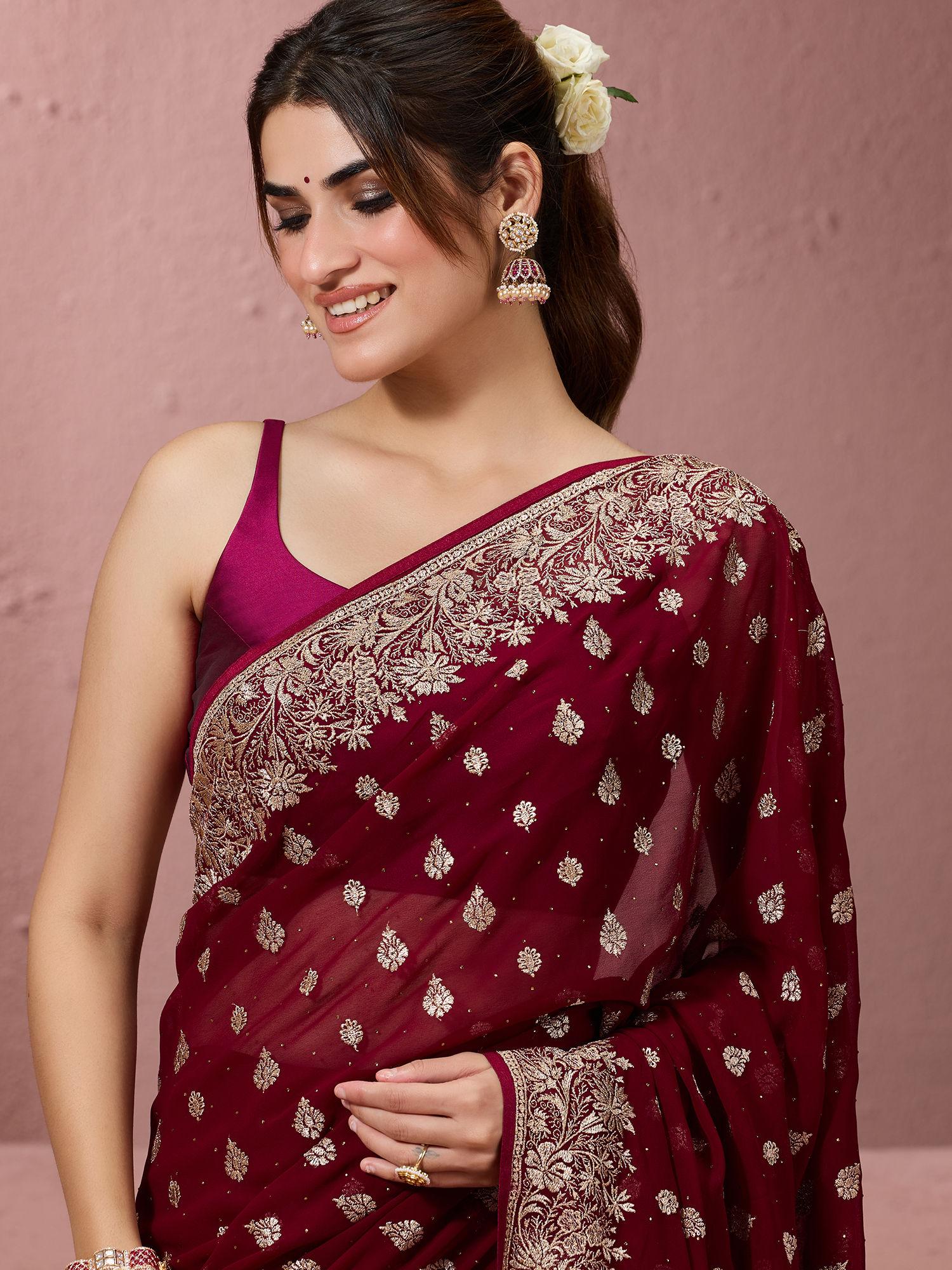 traditional heavy contrast floral embroidered georgette maroon saree & unstitched blouse