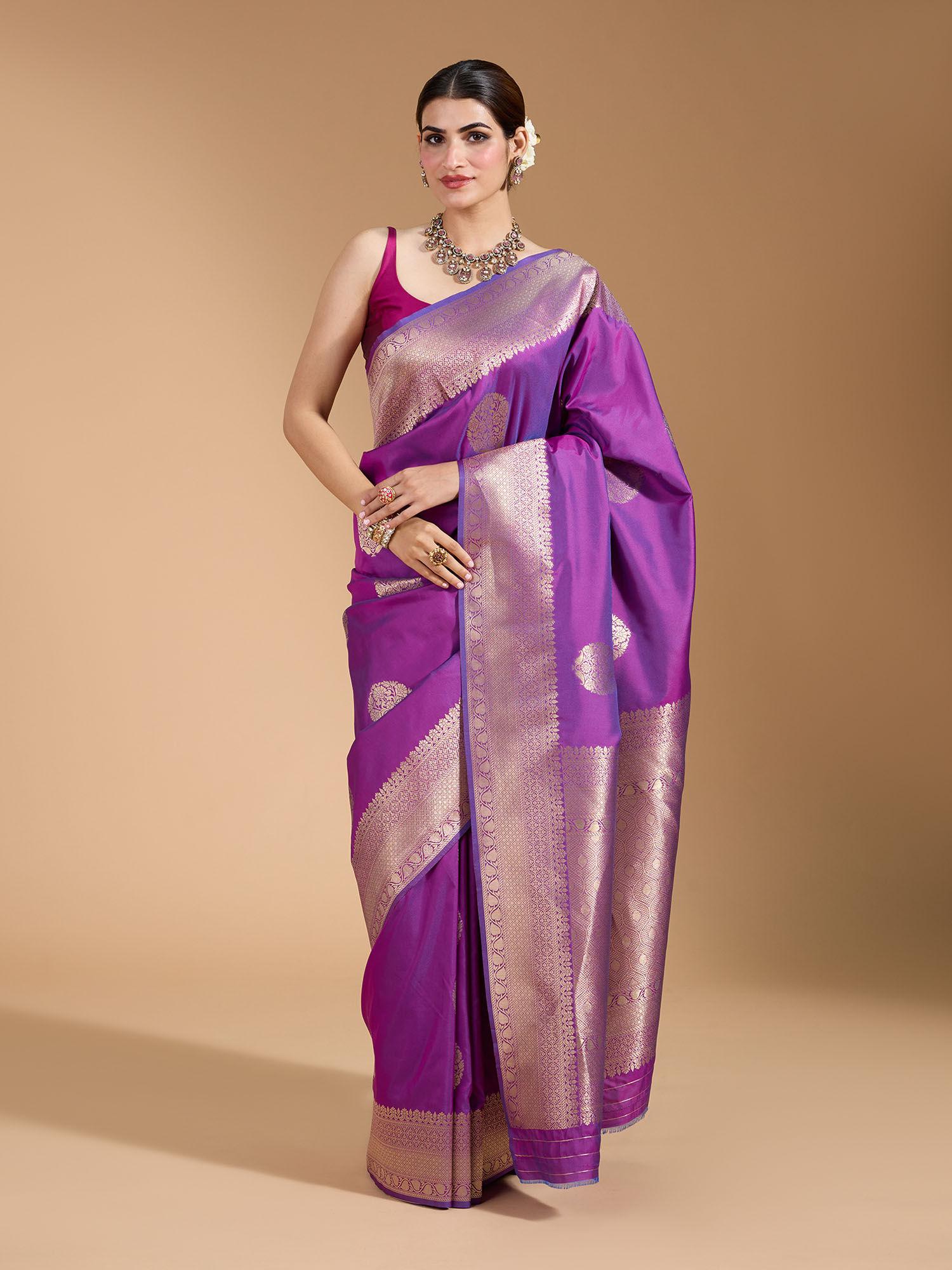 traditional heavy kanjeevaram with rich pallu purple saree with unstitched blouse