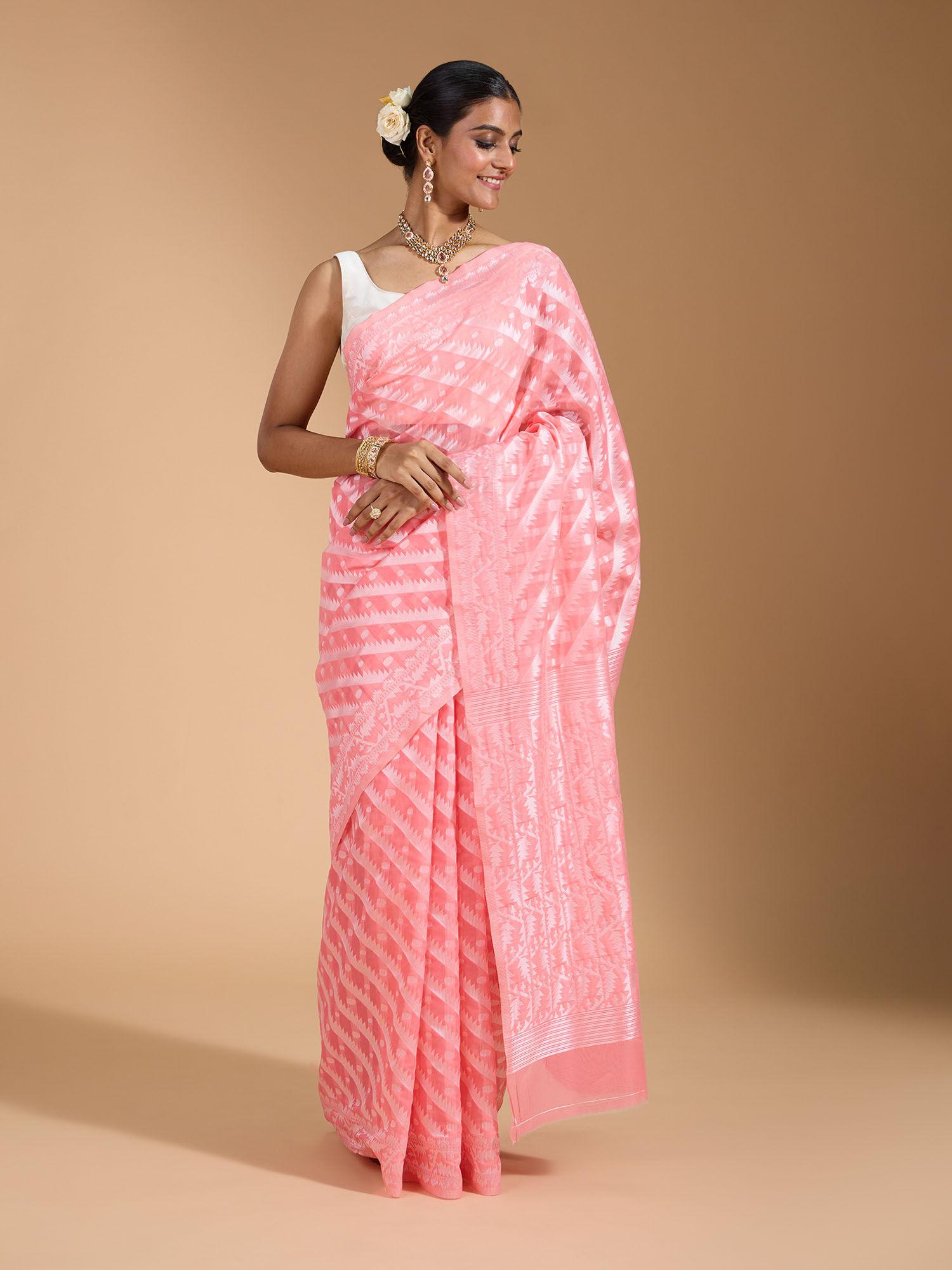 traditional kolkata white zari striped and borders pink saree and unstitched blouse