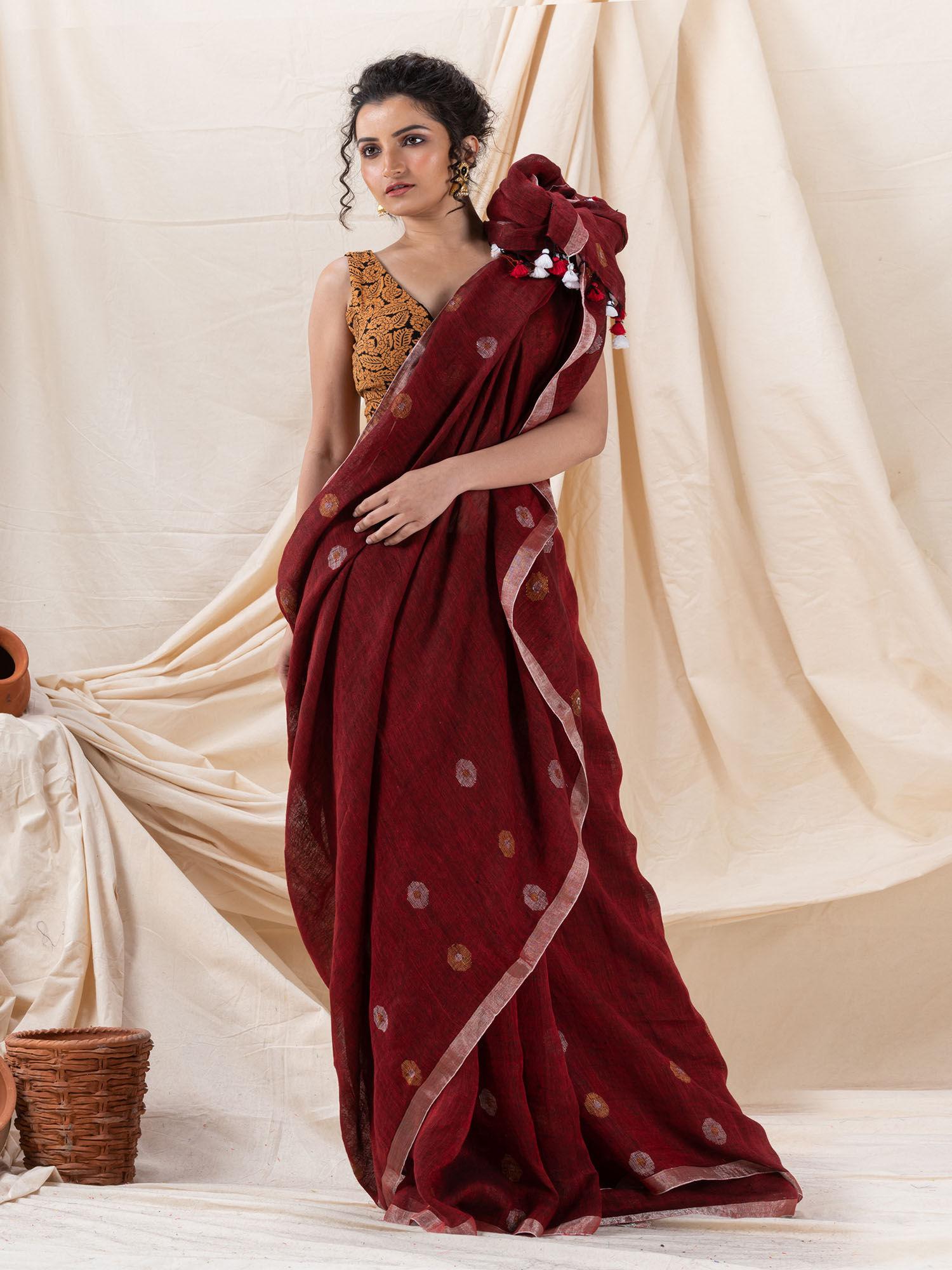 traditional maroon linen jamdani saree with unstitched blouse