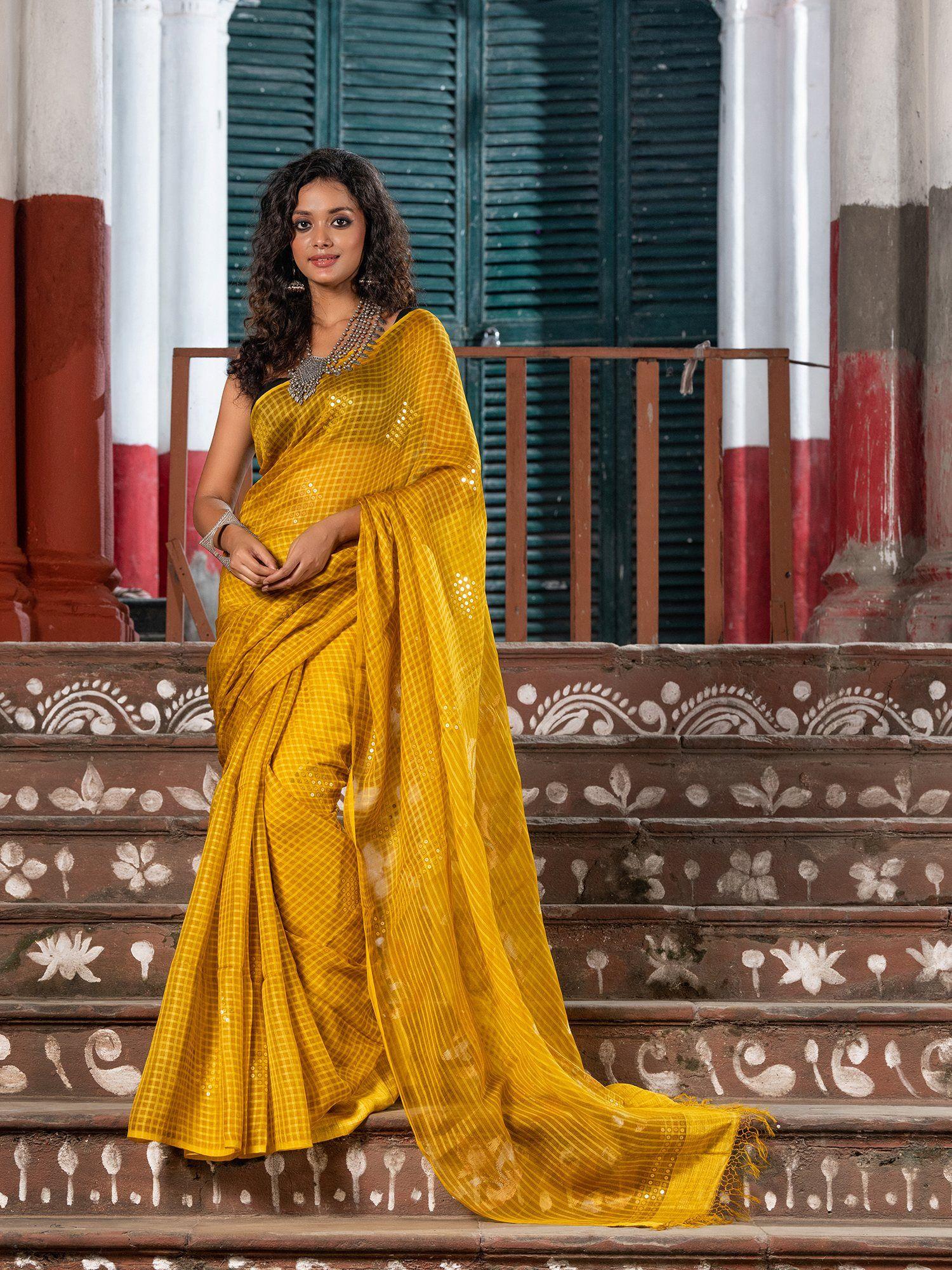 traditional mustard silk sequin soft jamdani saree with unstitched blouse