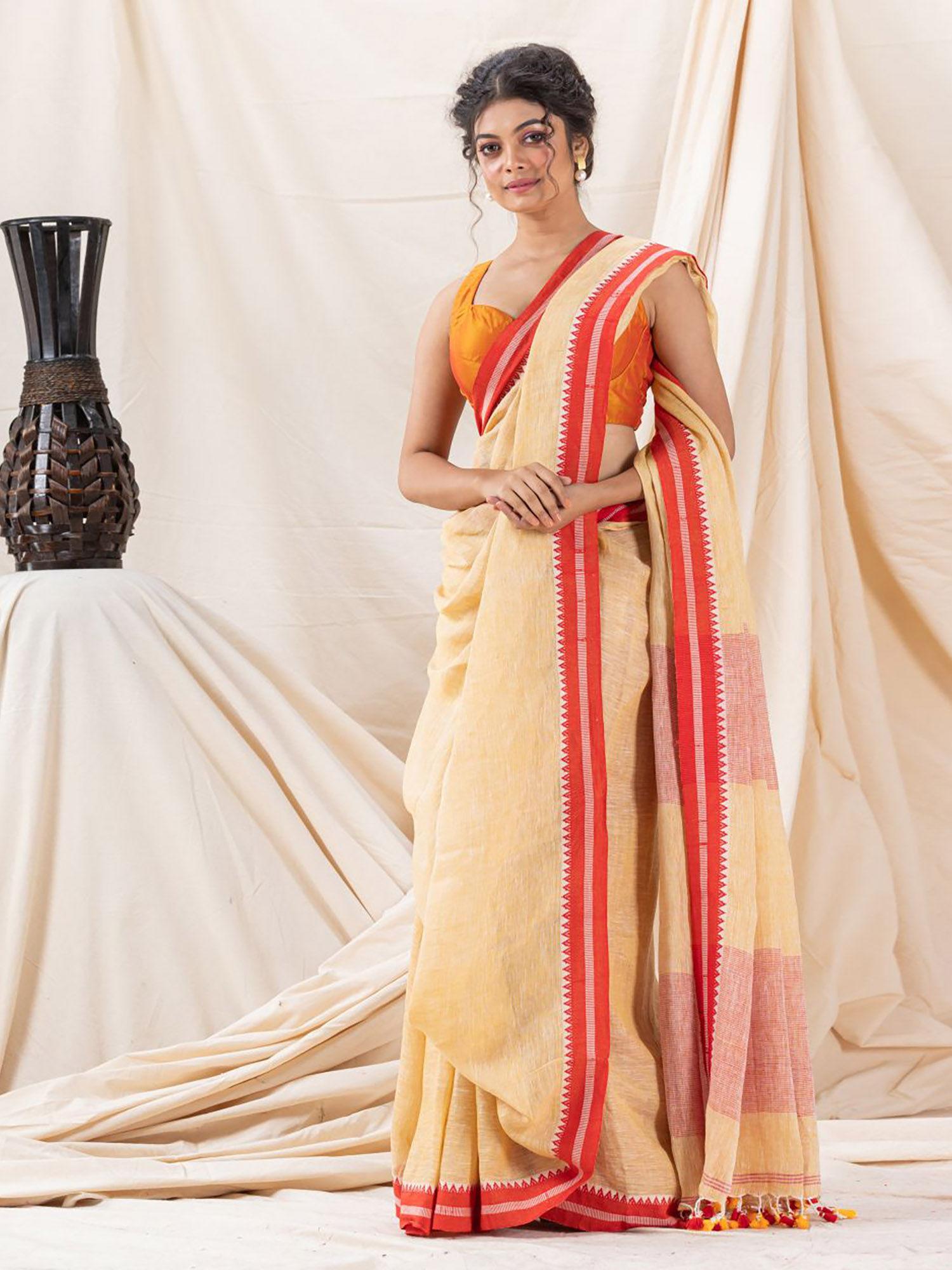 traditional naple yellow handloom soft linen saree with unstitched blouse