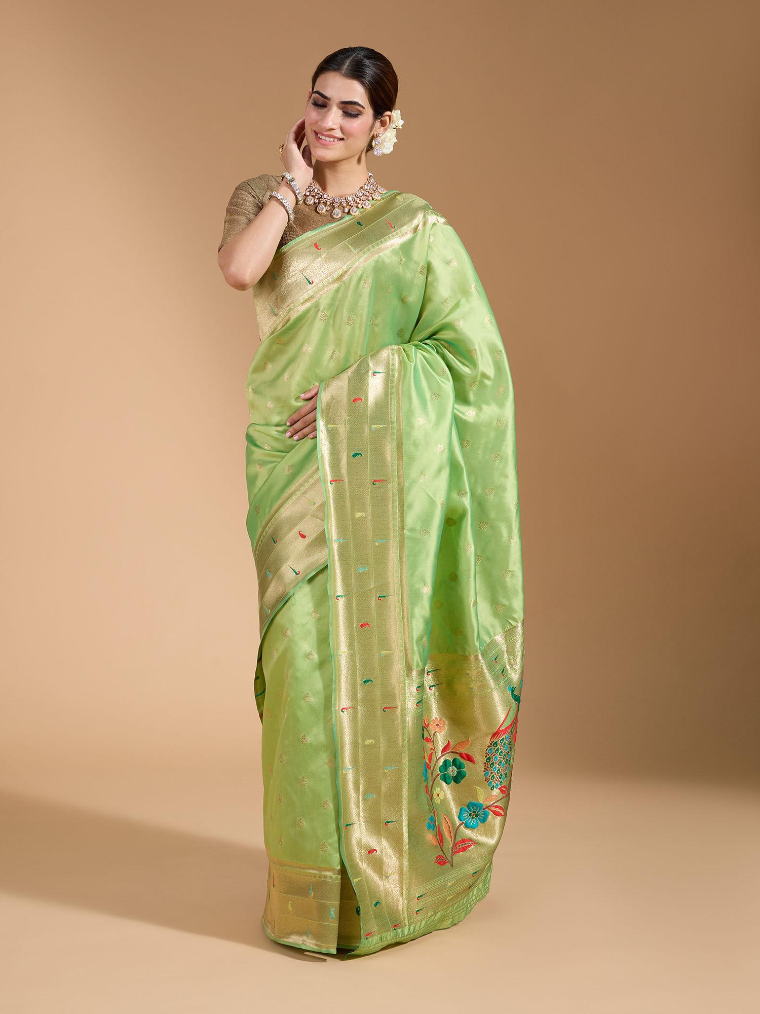 traditional paithani soft silk with zari border green saree with unstitched blouse