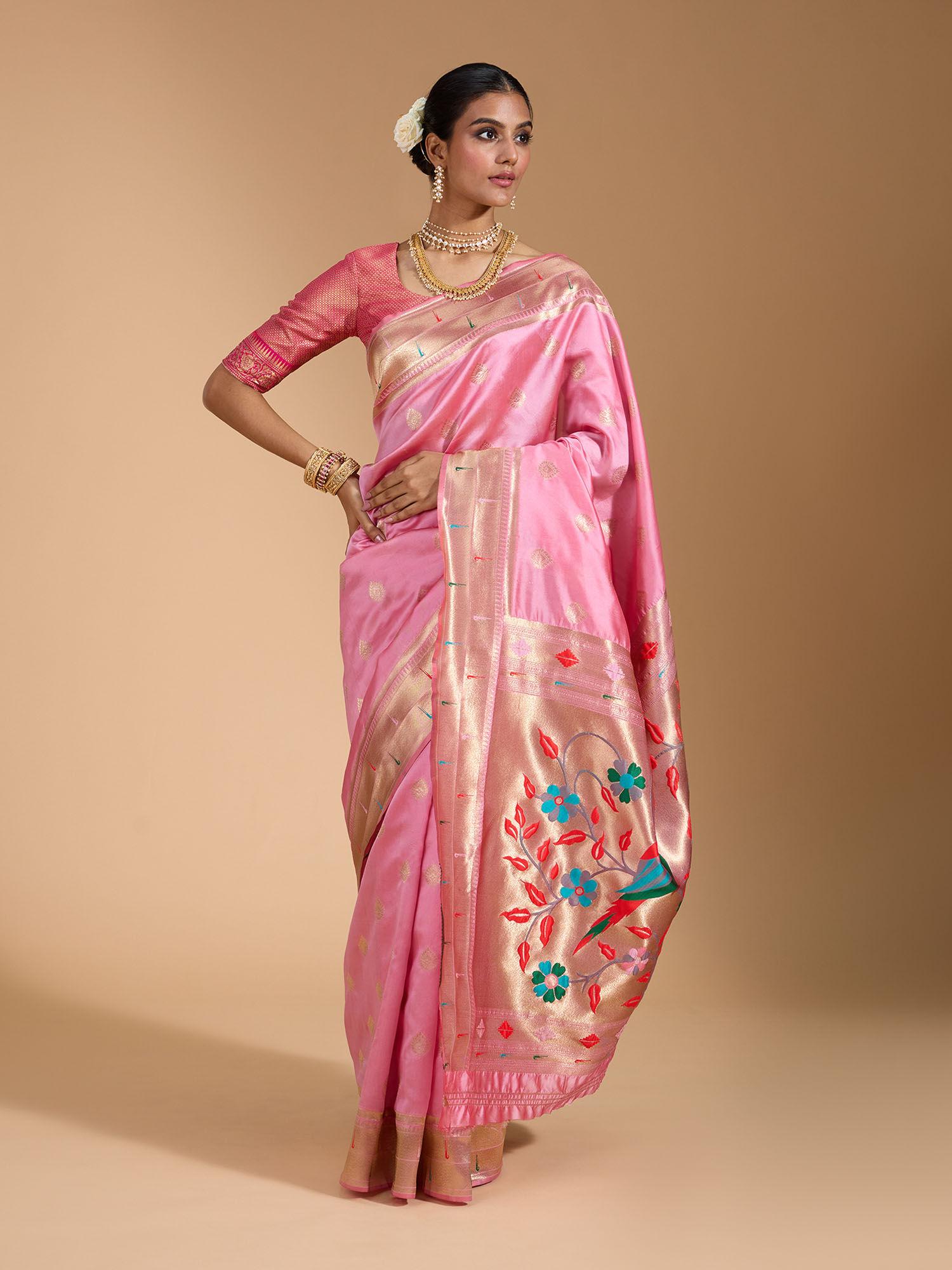 traditional paithani soft silk with zari border pink saree with unstitched blouse