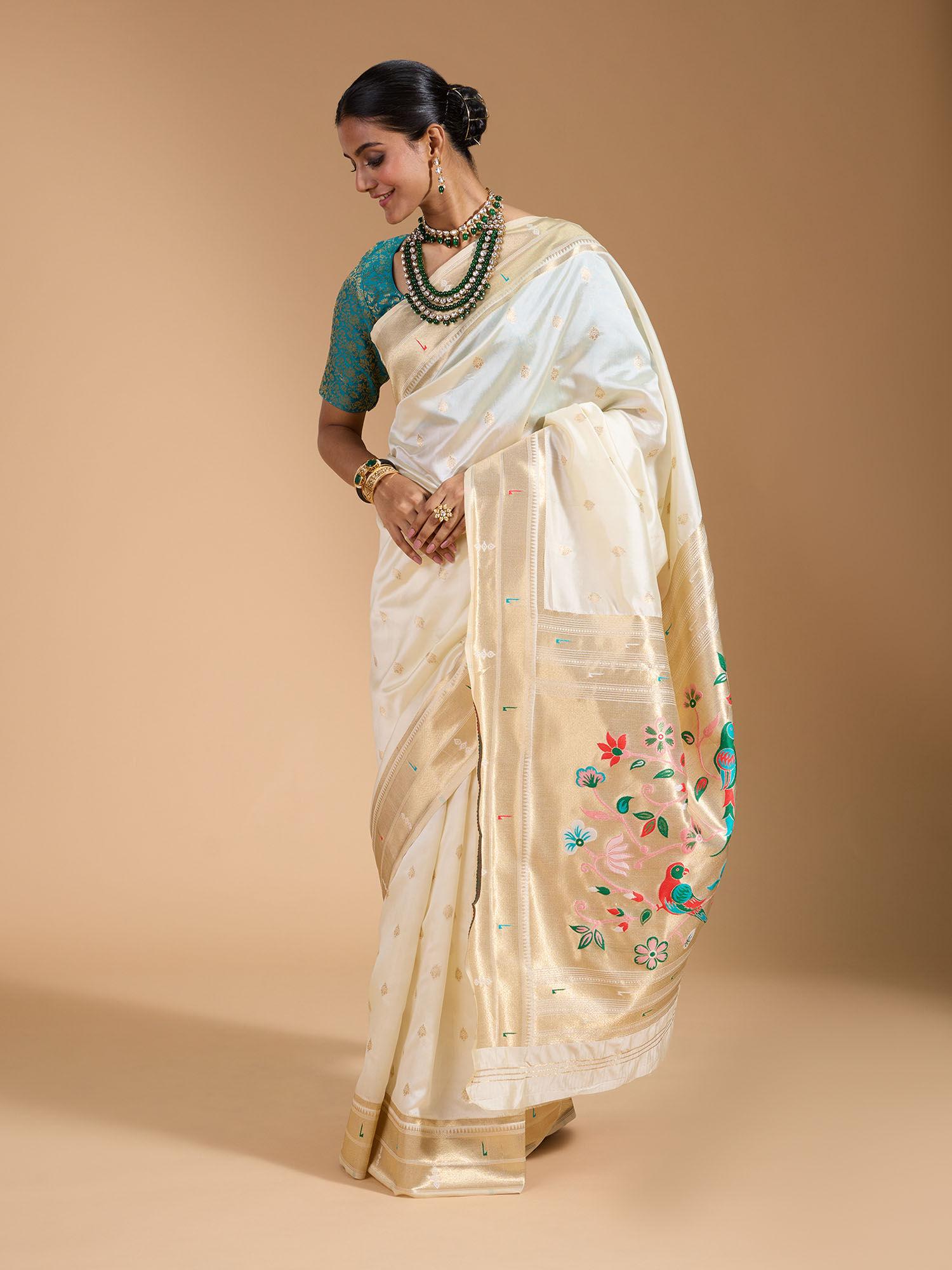 traditional paithani soft silk with zari border white saree with unstitched blouse