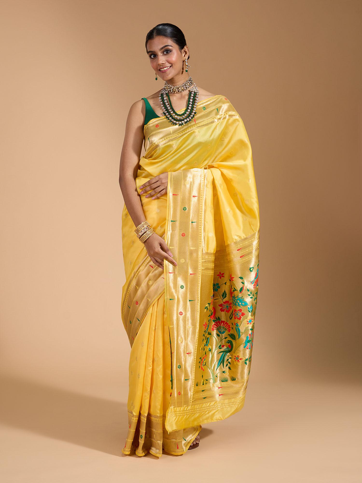 traditional paithani soft silk with zari border yellow saree with unstitched blouse