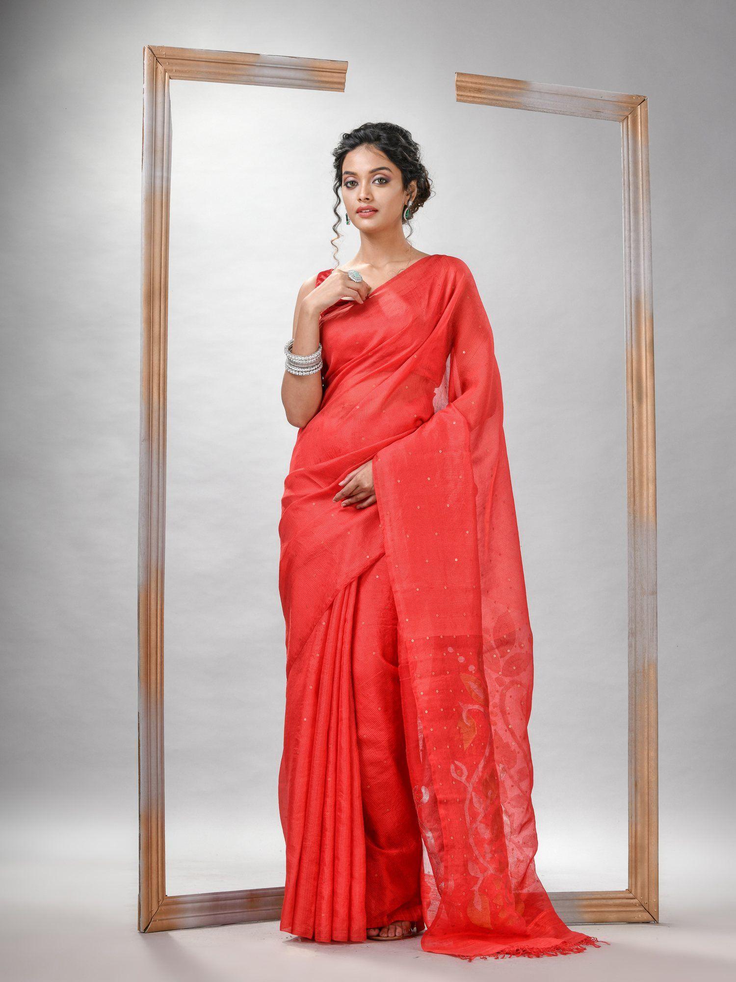 traditional red matka silk sequin soft jamdani saree with unstitched blouse