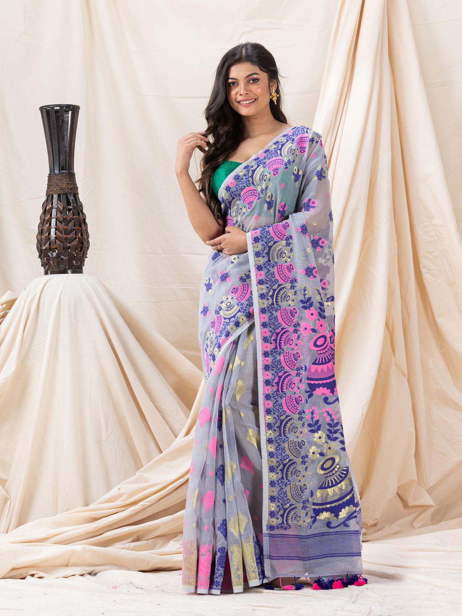 traditional silver grey pitcher soft dhakai jamdani saree without blouse