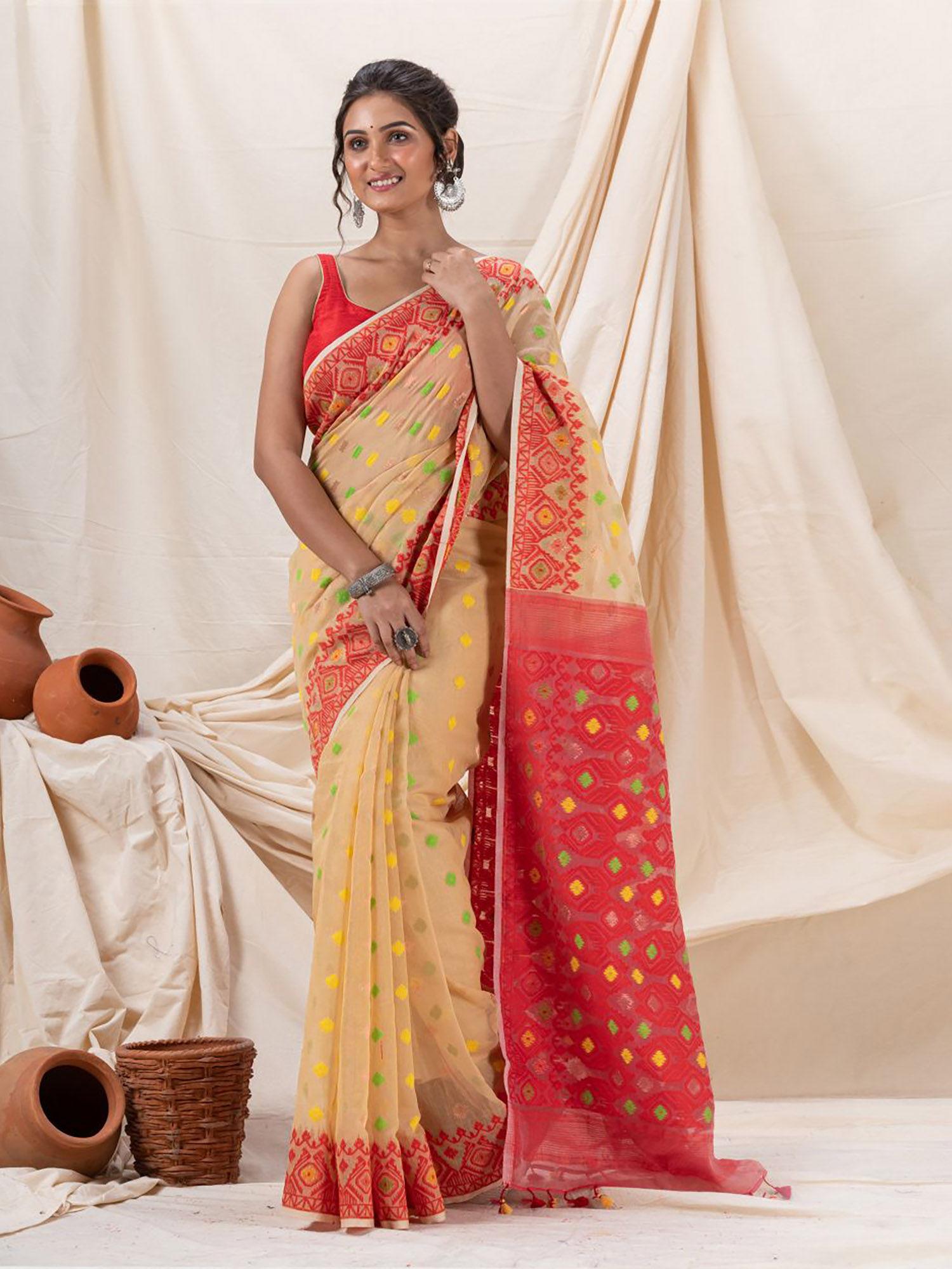 traditional tan & red soft dhakai jamdani saree with unstitched blouse