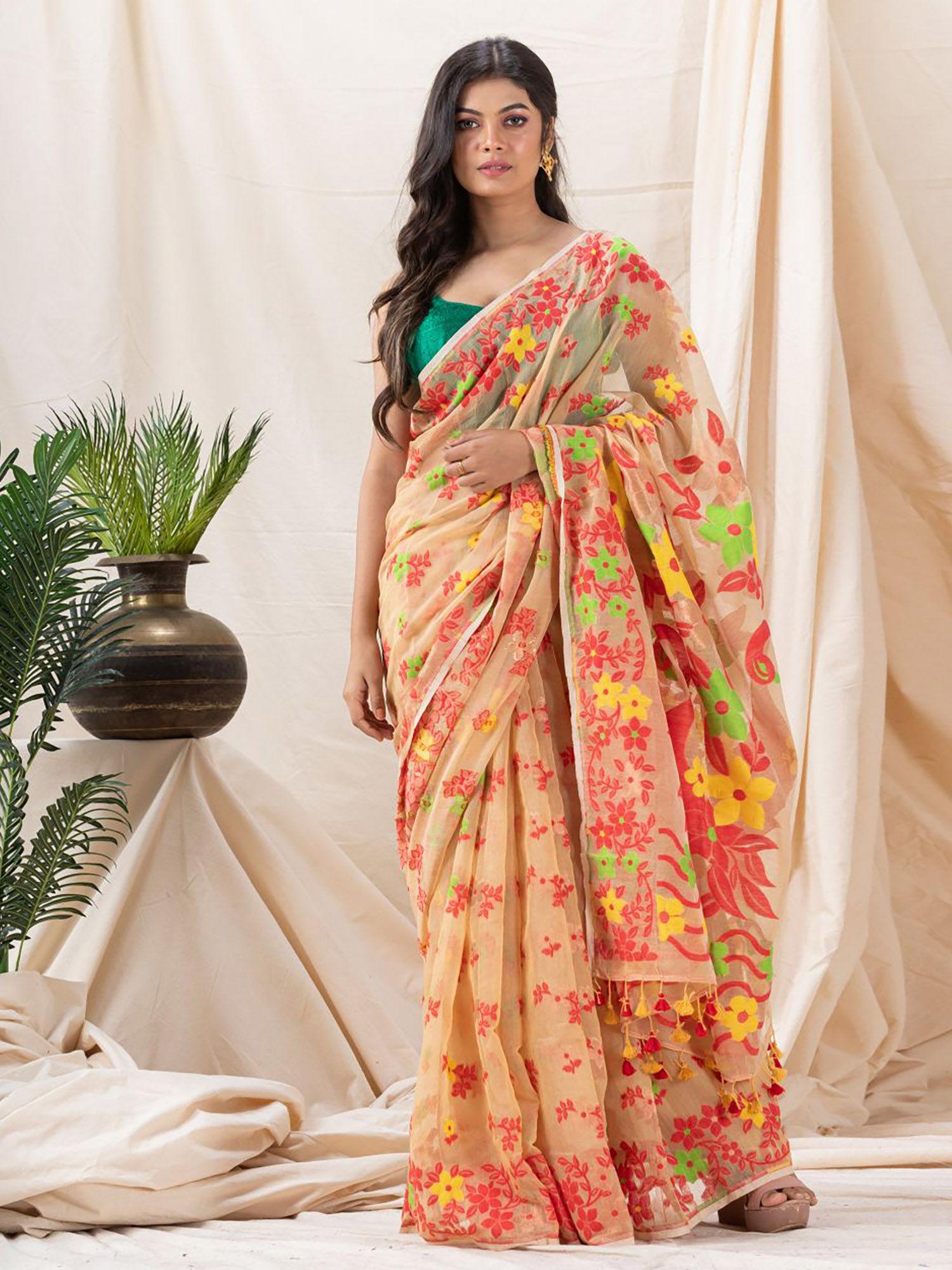 traditional tan cotton blended soft dhakai jamdani saree with unstitched blouse