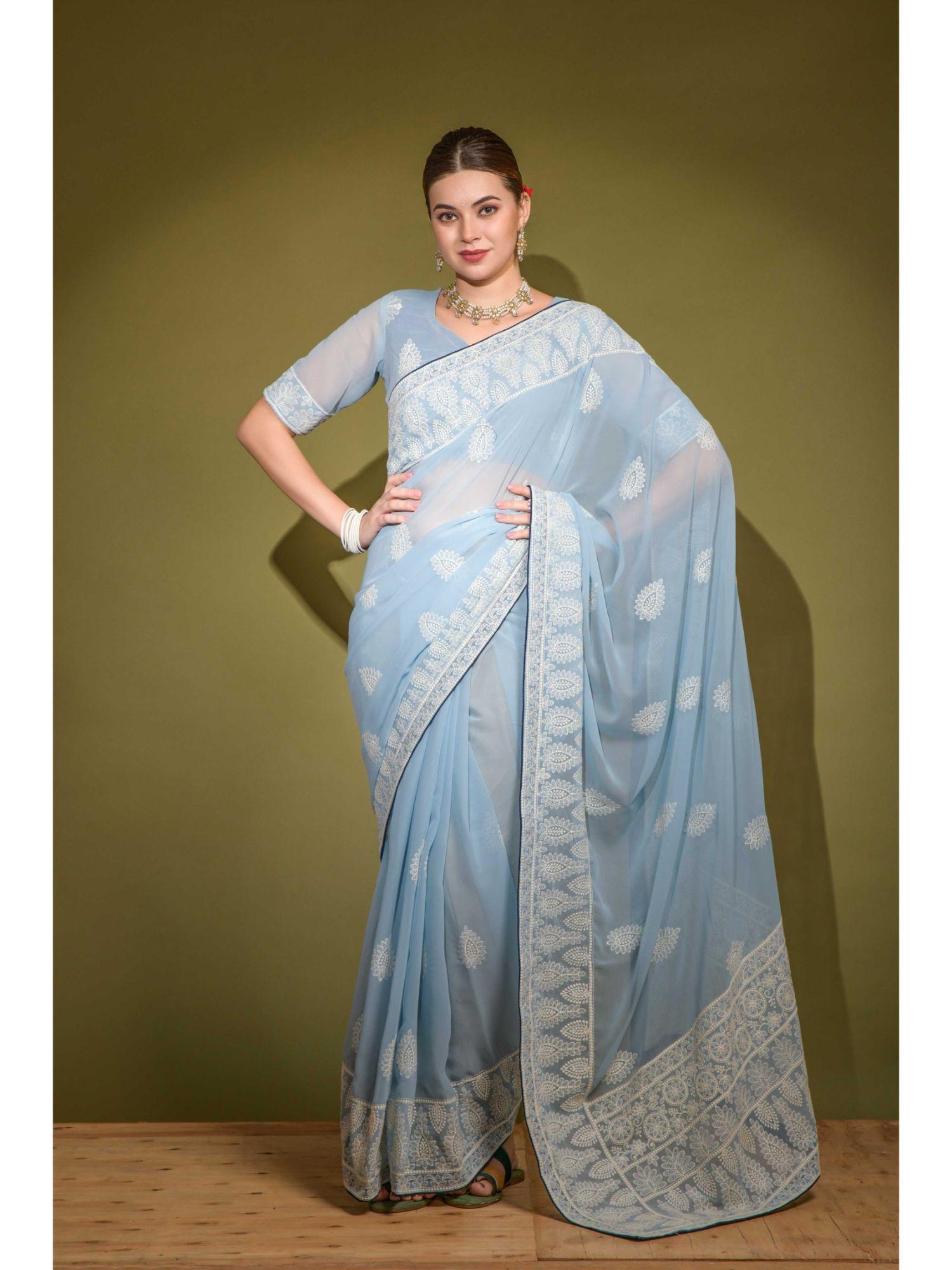 traditional thread work embroidered floral georgette blue saree & unstitched blouse