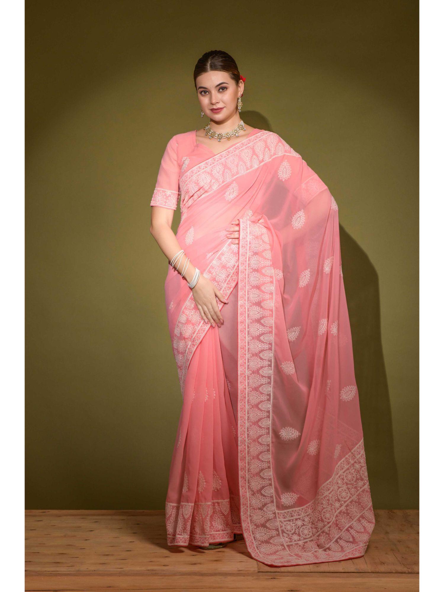 traditional thread work embroidered floral georgette pink saree & unstitched blouse