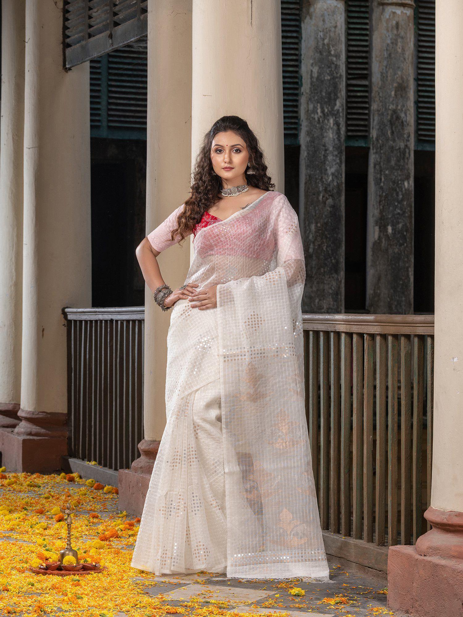 traditional white silk sequin soft jamdani saree with unstitched blouse