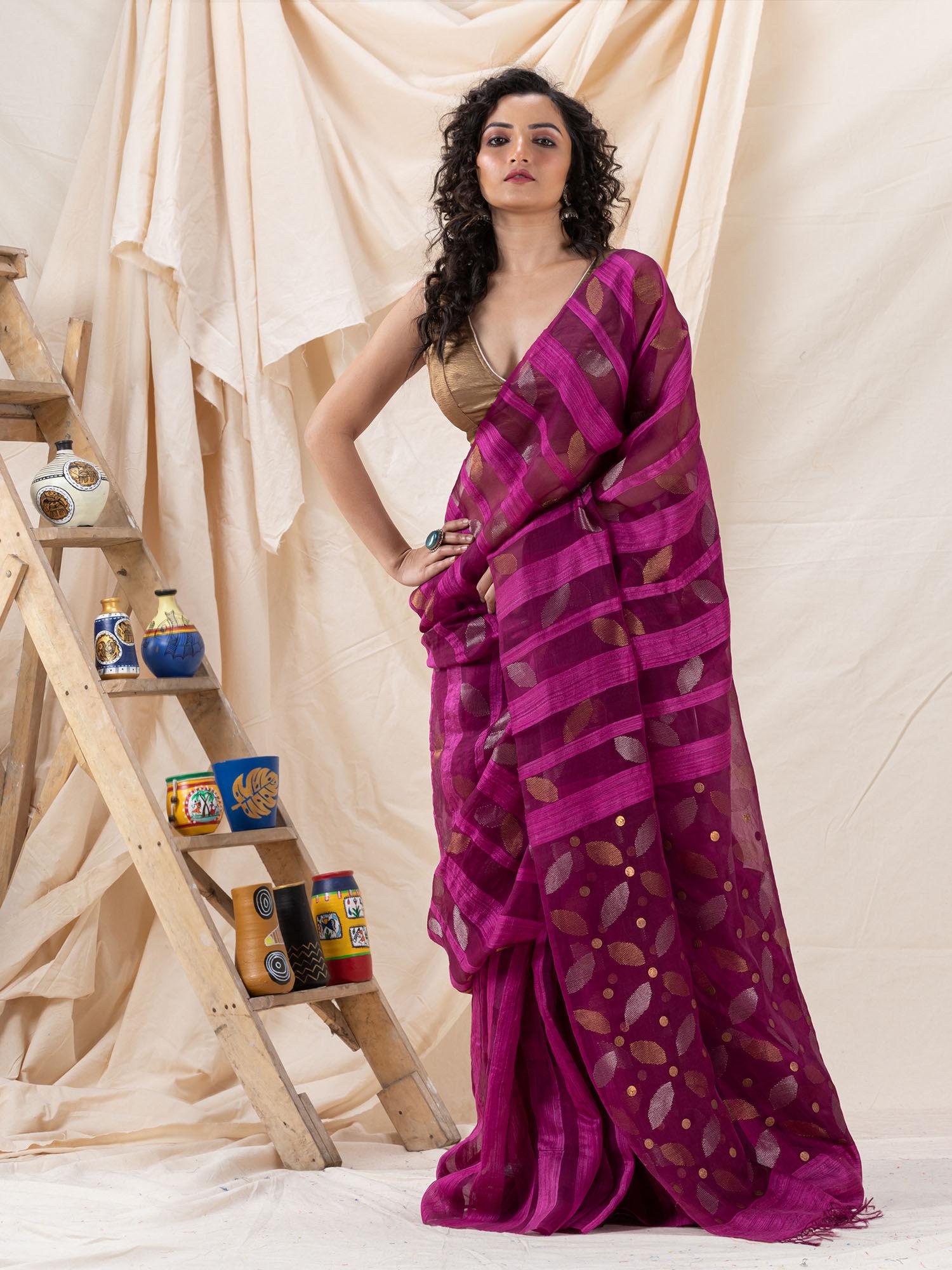 traditional wine soft matka silk jamdani saree with unstitched blouse