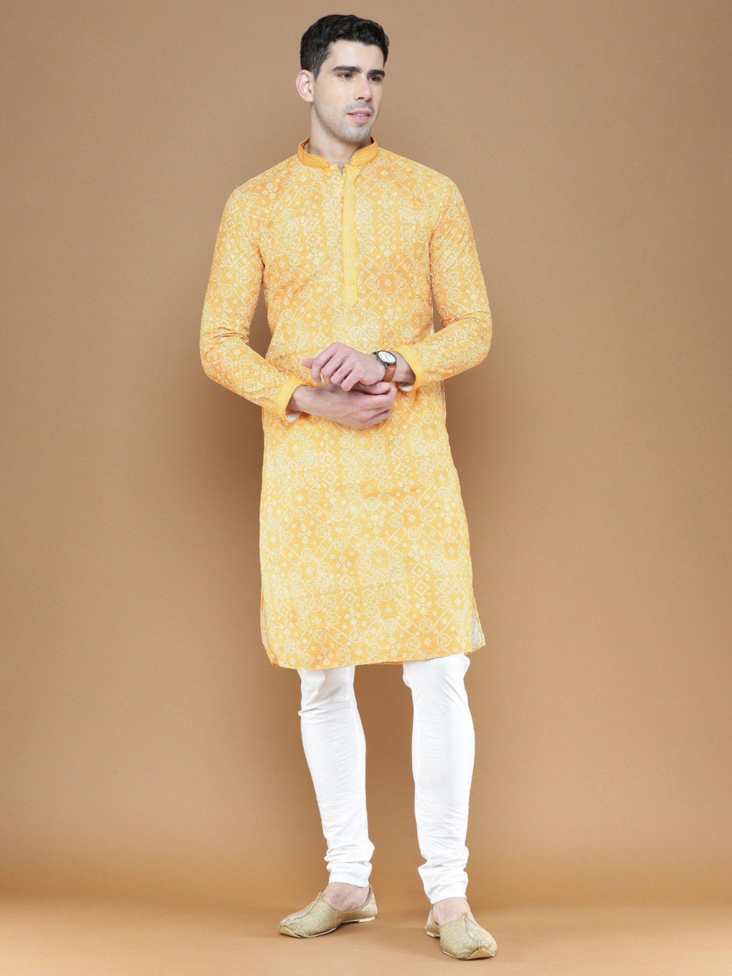 traditional yellow bandhej print cotton kurta with churidar pyjama for men (set of 2)