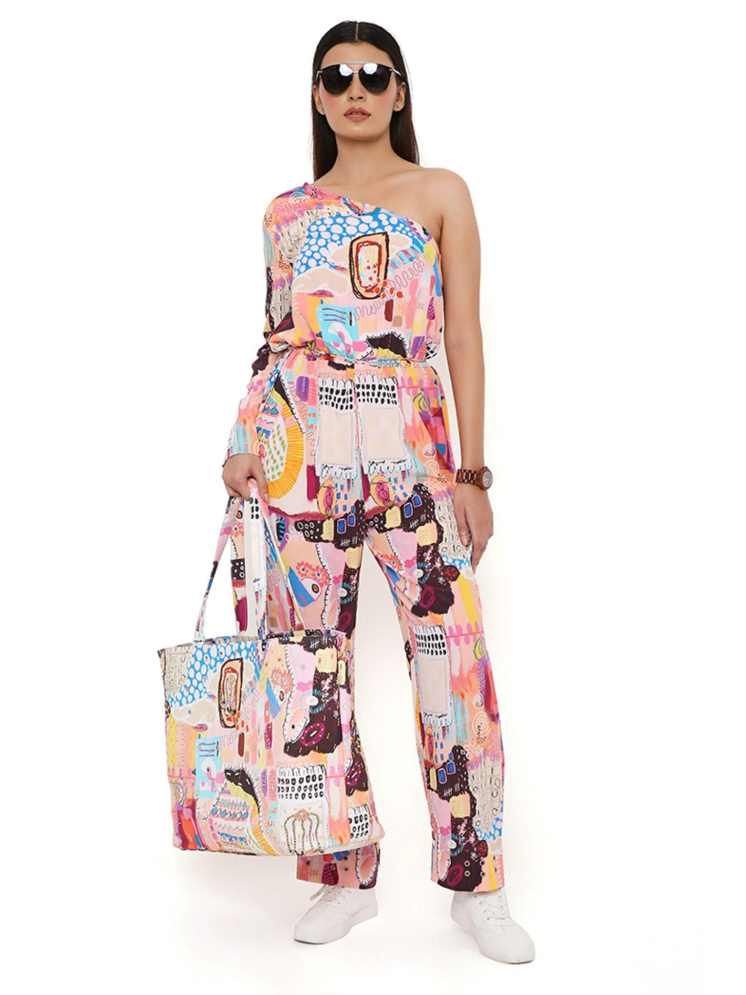 trance print crepe one shoulder jumpsuit