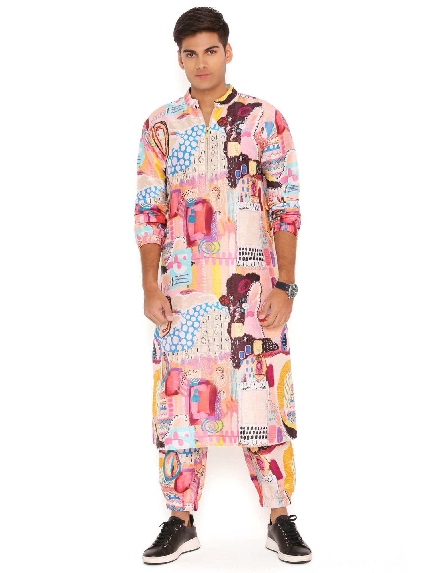 trance print dupion silk bomber kurta with jogger pant (set of 2)