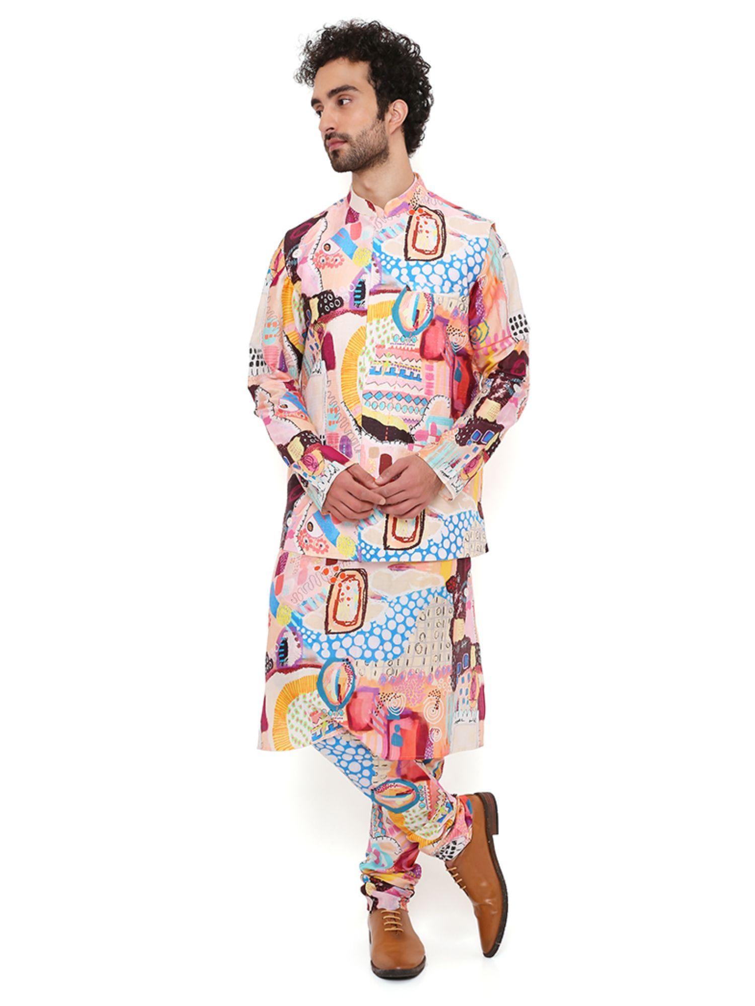 trance print nehru jacket with silkmul kurta and churidar (set of 3)