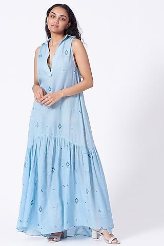 tranquil blue cotton jamdani tent dress