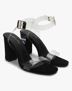 transparent heeled sandals with ankle loop