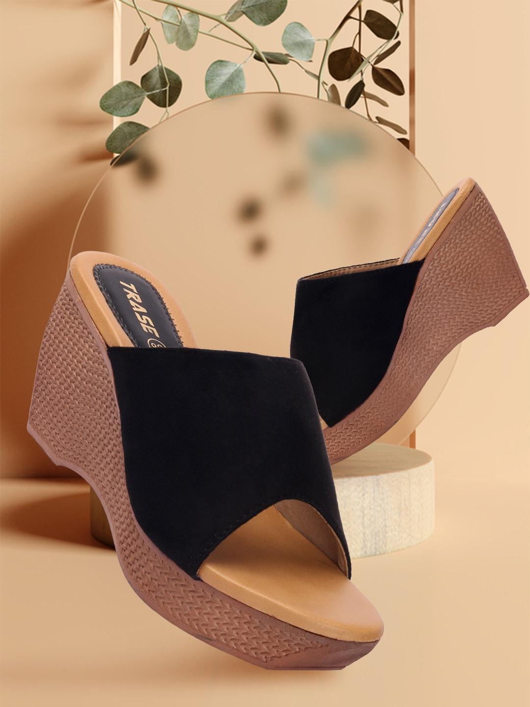 trase women black solid suede wedges