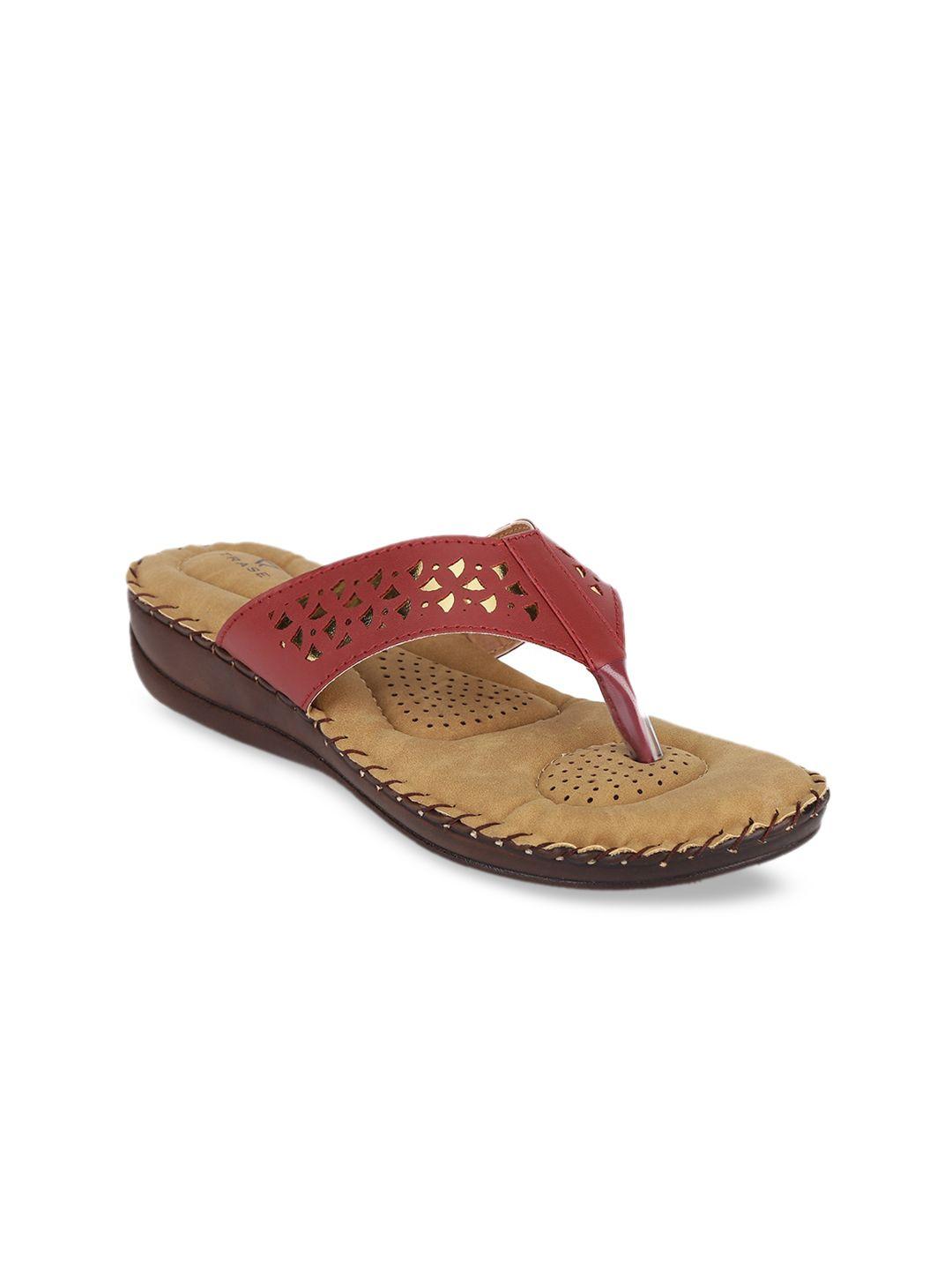 trase women maroon laser cut open toe flats