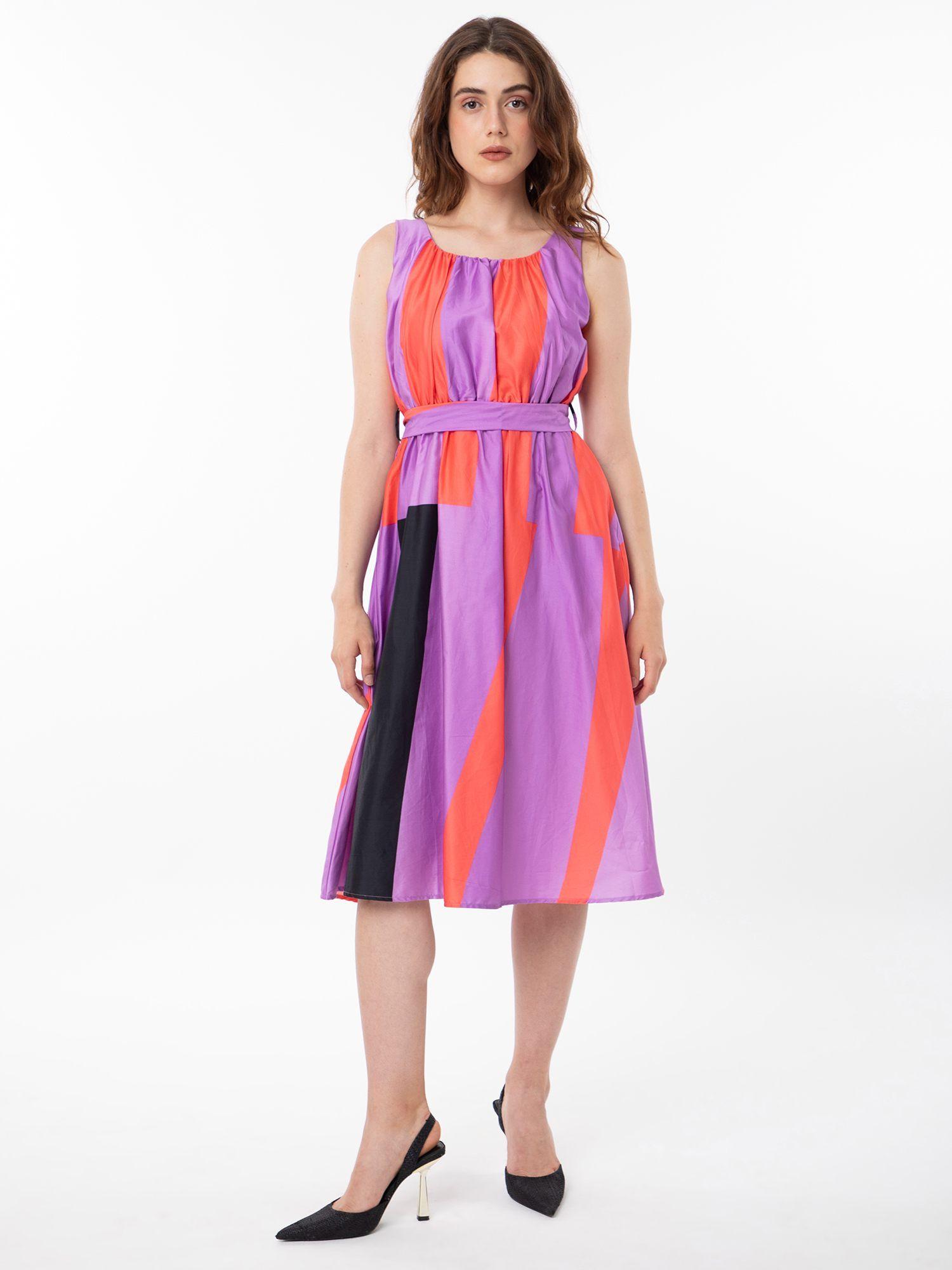 traut abstract print a-line dress with belt (set of 2)