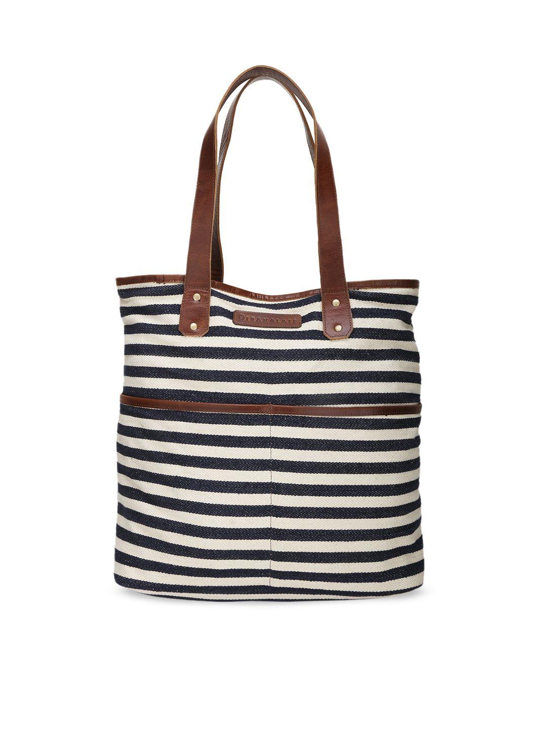 travalate white striped oversized shopper tote bag with cut work