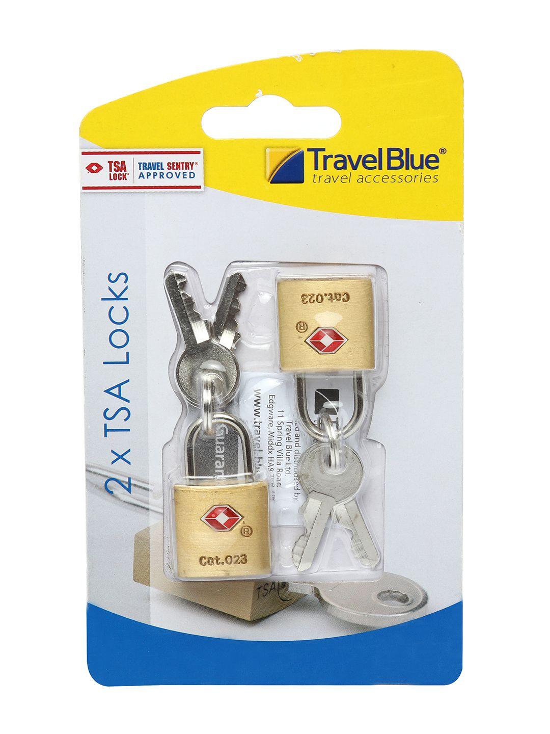 travel blue set of 2 gold-toned tsa padlocks
